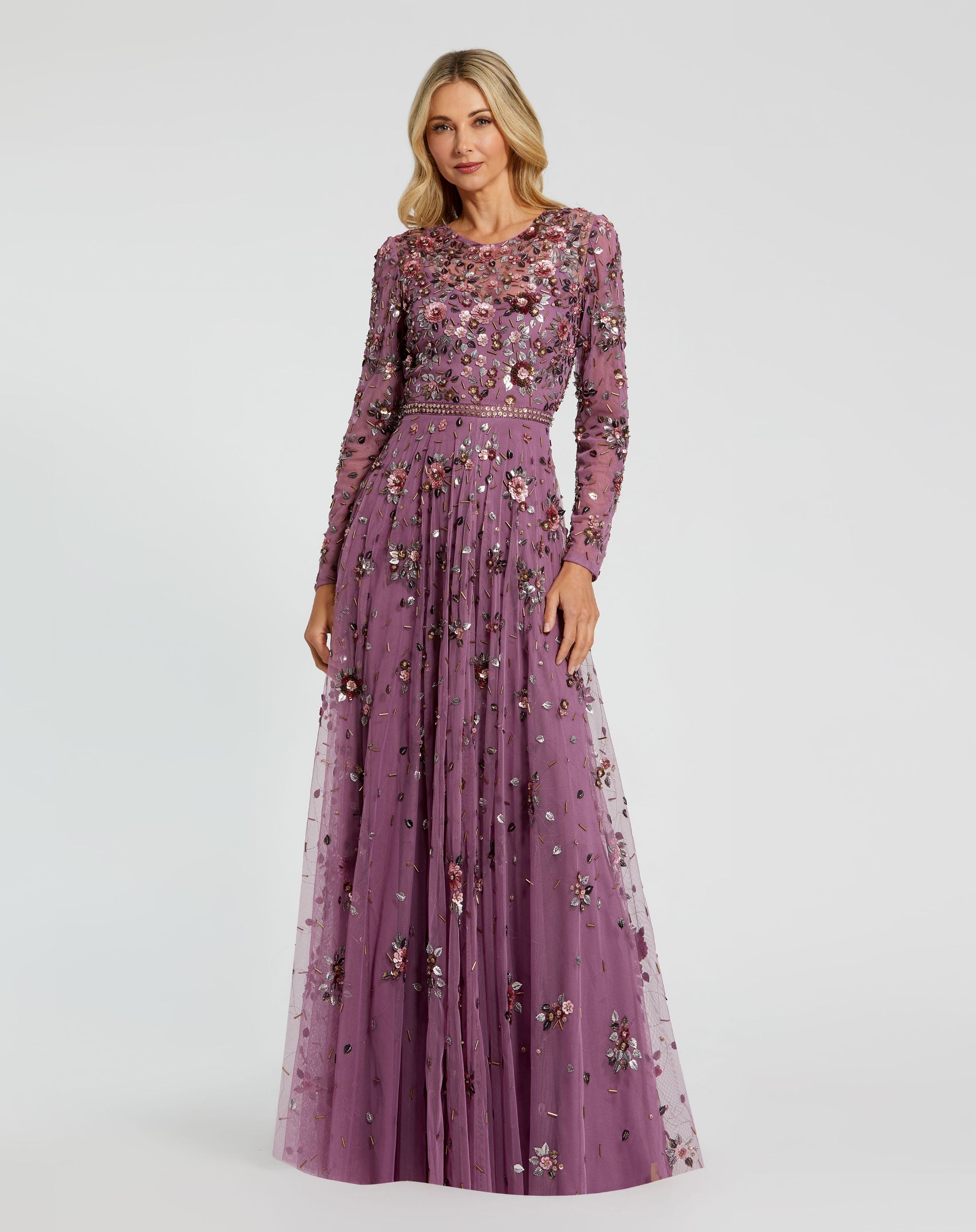 Long Sleeve High Neck Beaded Gown