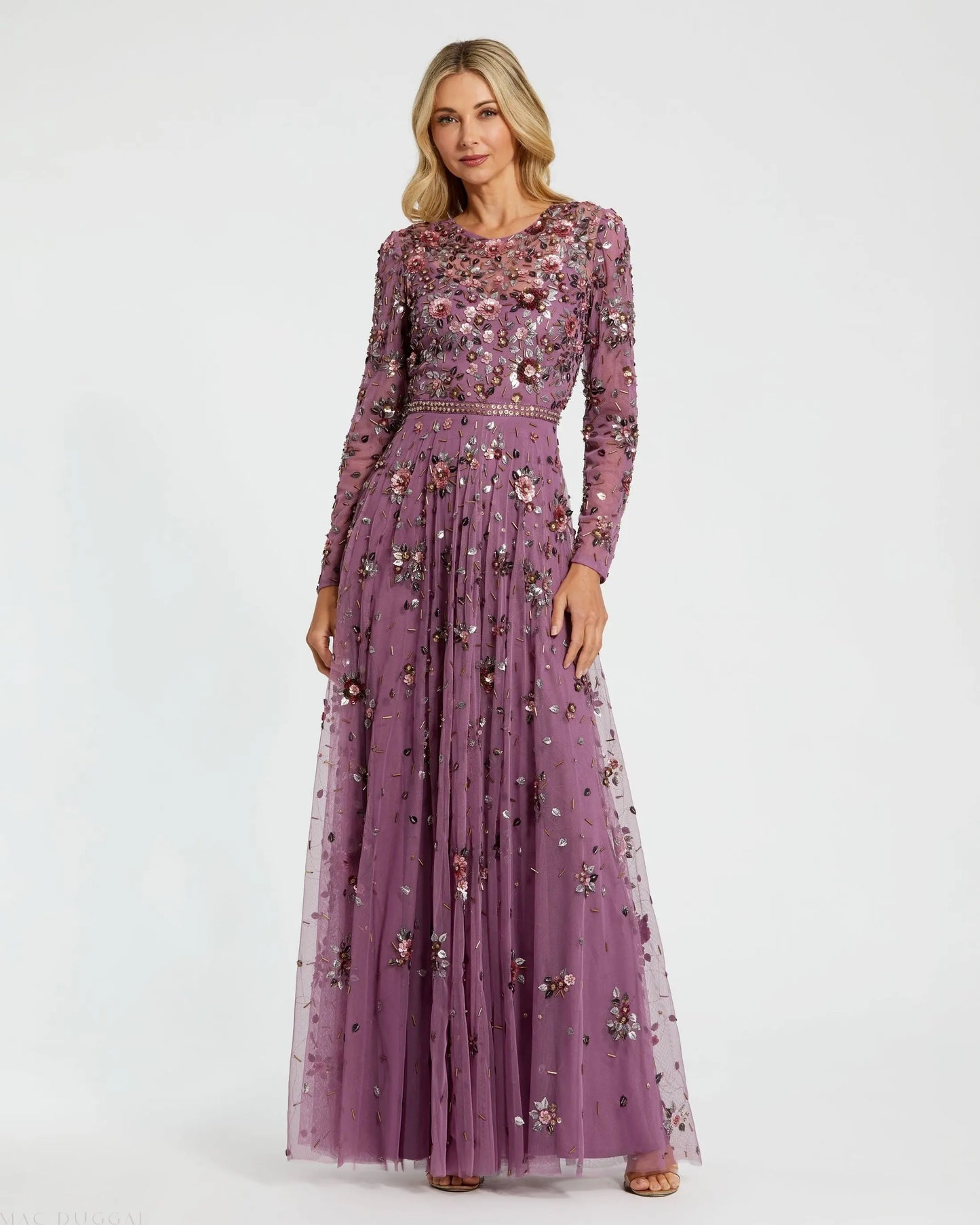Purple Long Sleeve High Neck Beaded Gown - Mac Duggal Purple Long Sleeve High Neck Beaded Gown - Mac Duggal