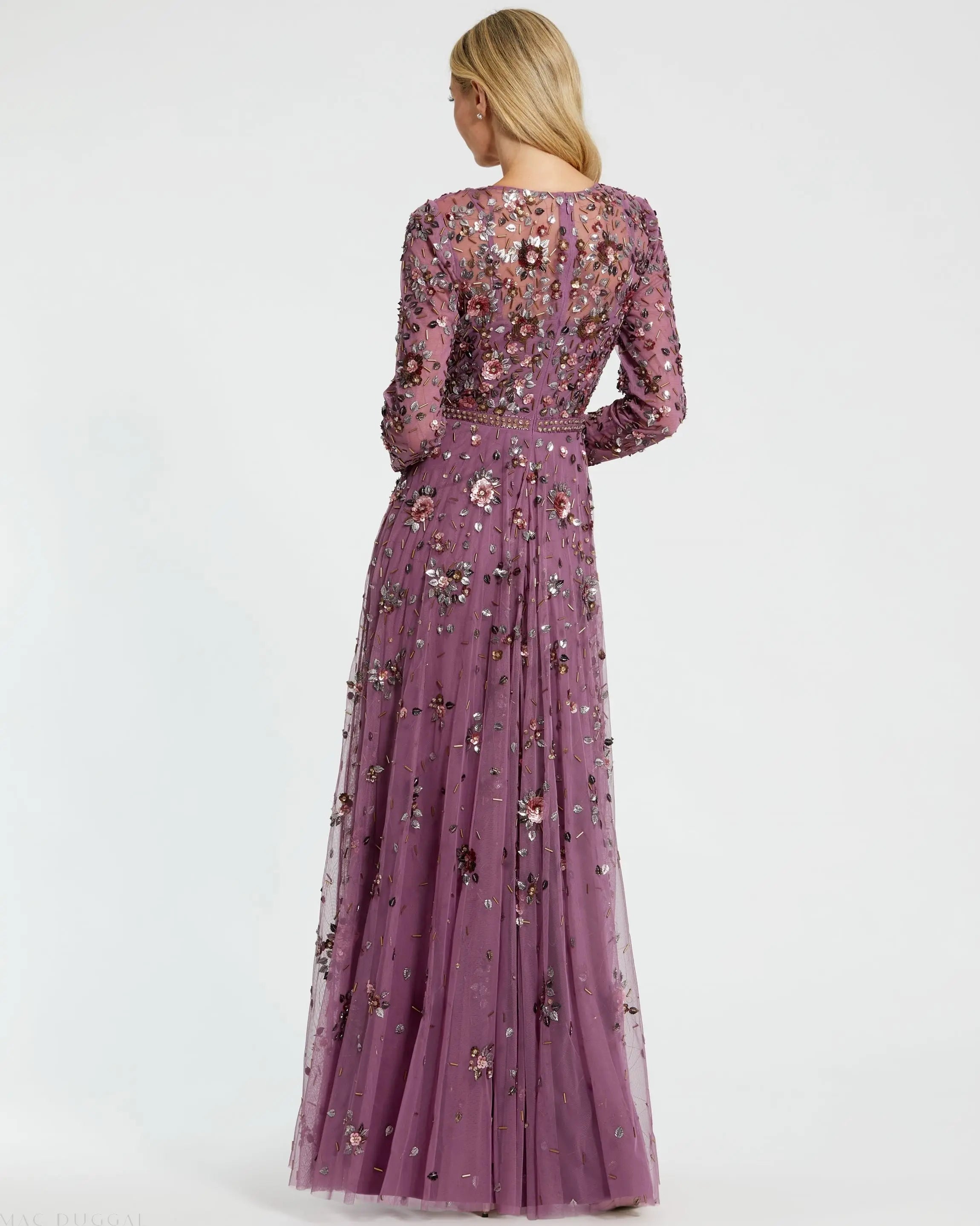 Purple Long Sleeve High Neck Beaded Gown - Mac Duggal