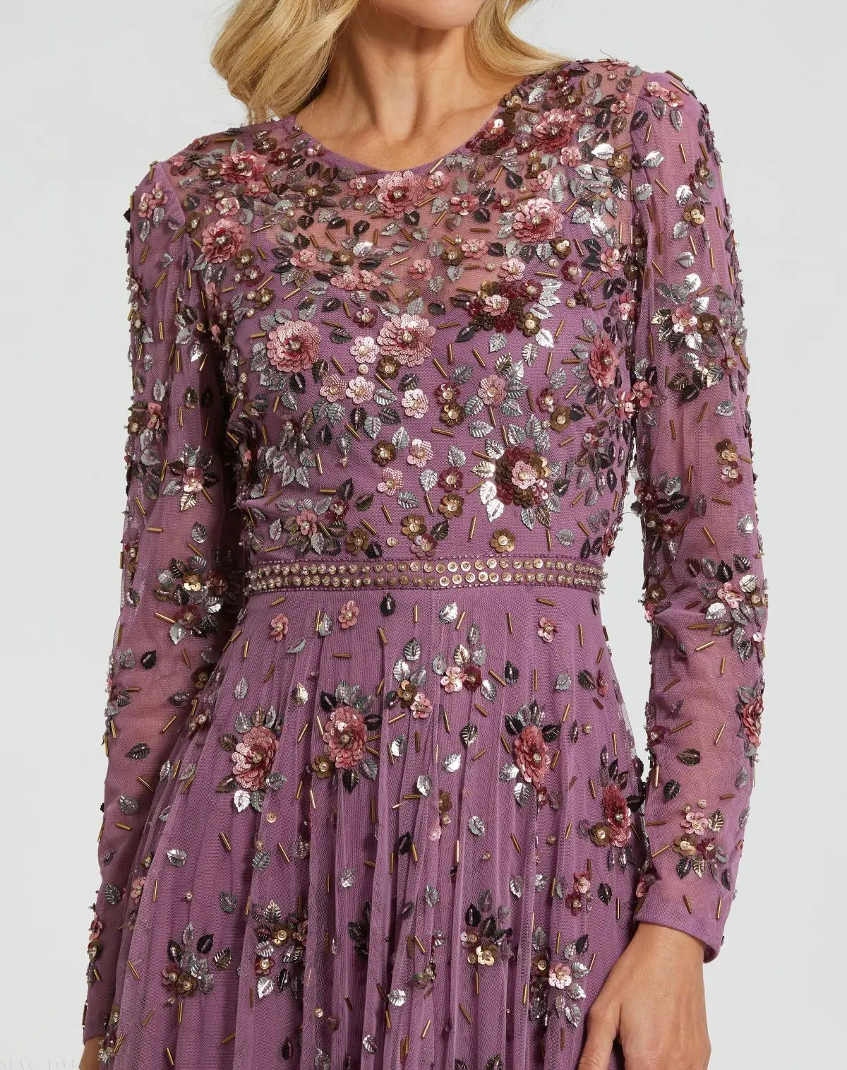 Purple Long Sleeve High Neck Beaded Gown - Mac Duggal