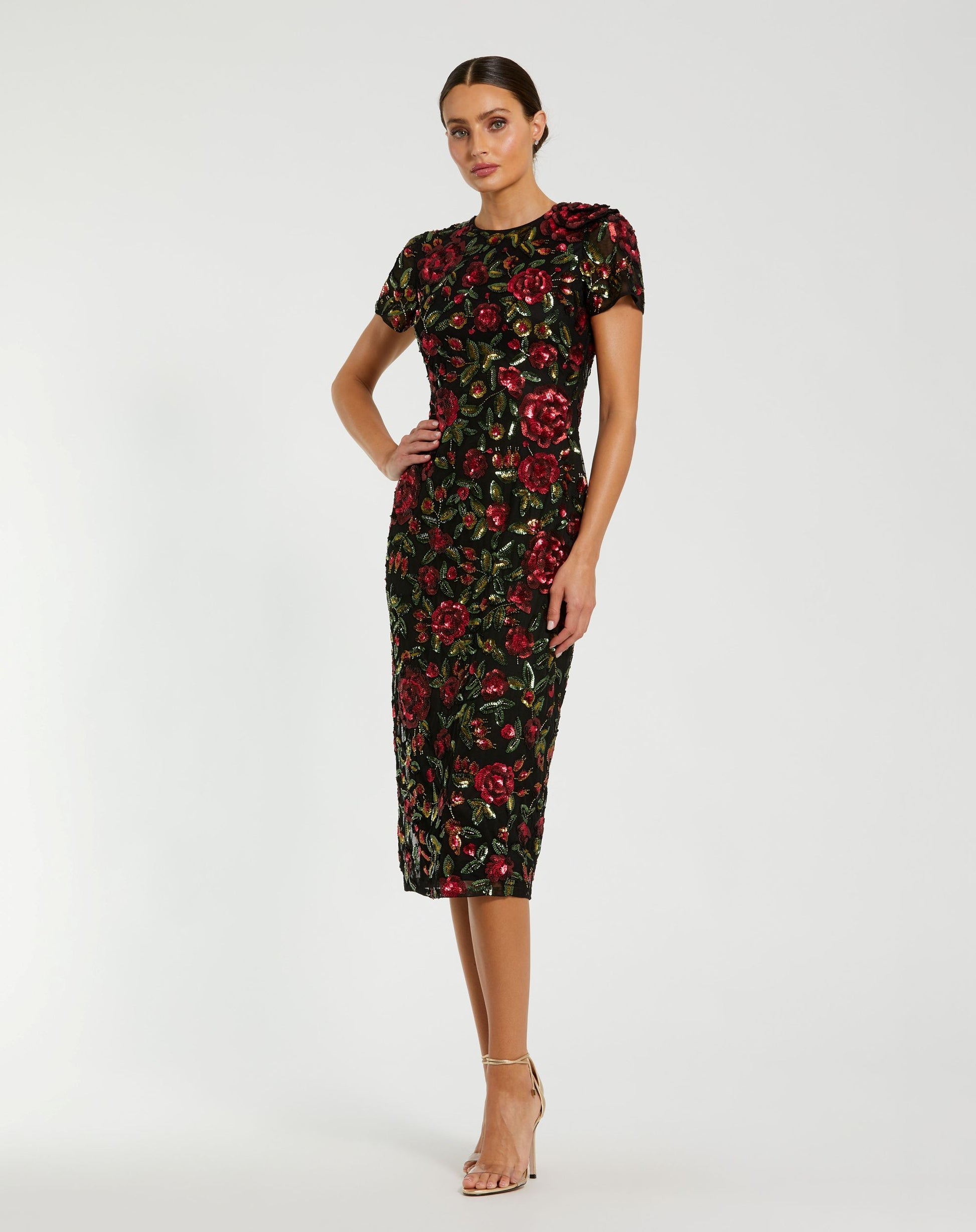 Black High Neck Floral Embellished Midi Dress - Mac Duggal