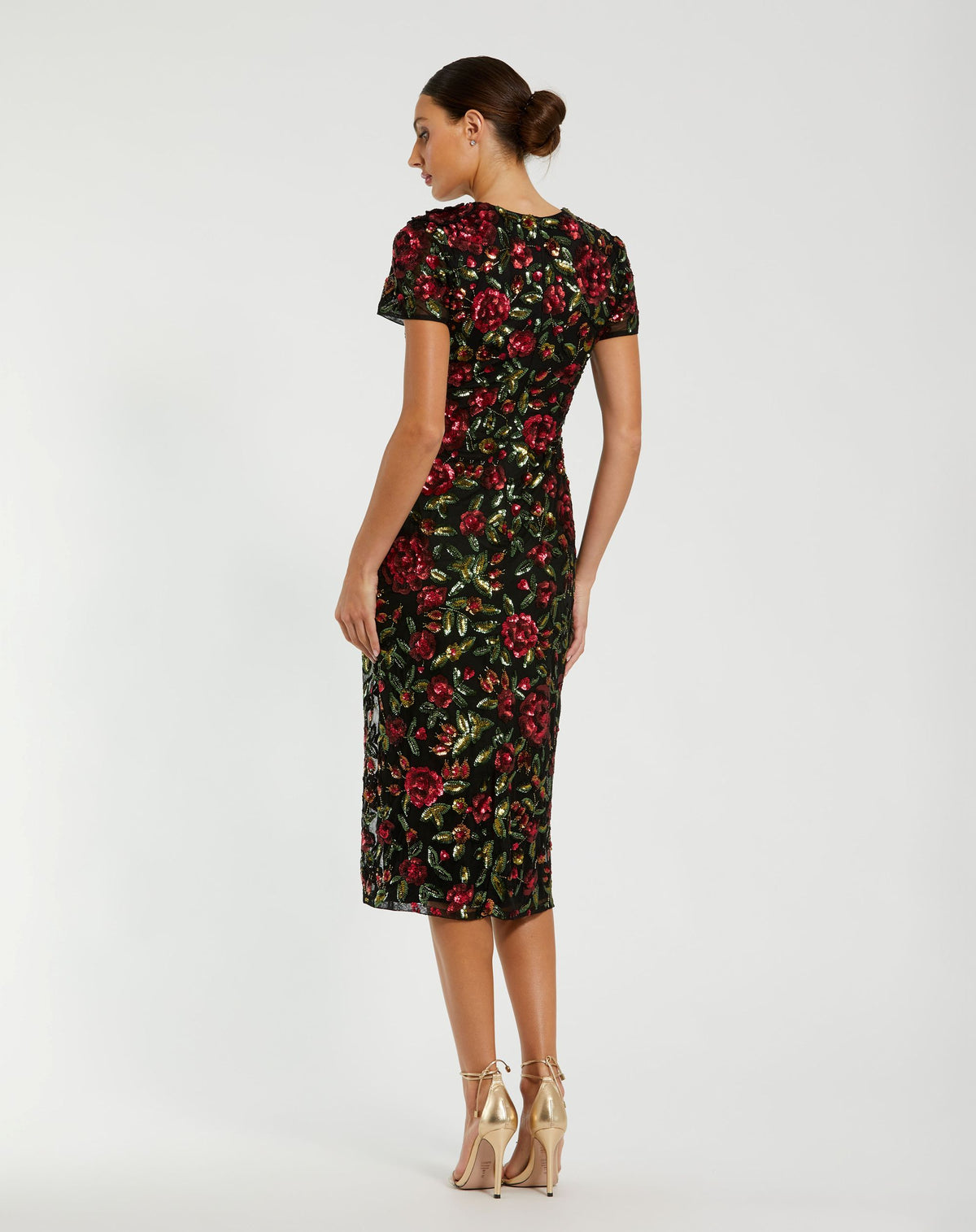Black High Neck Floral Embellished Midi Dress - Mac Duggal