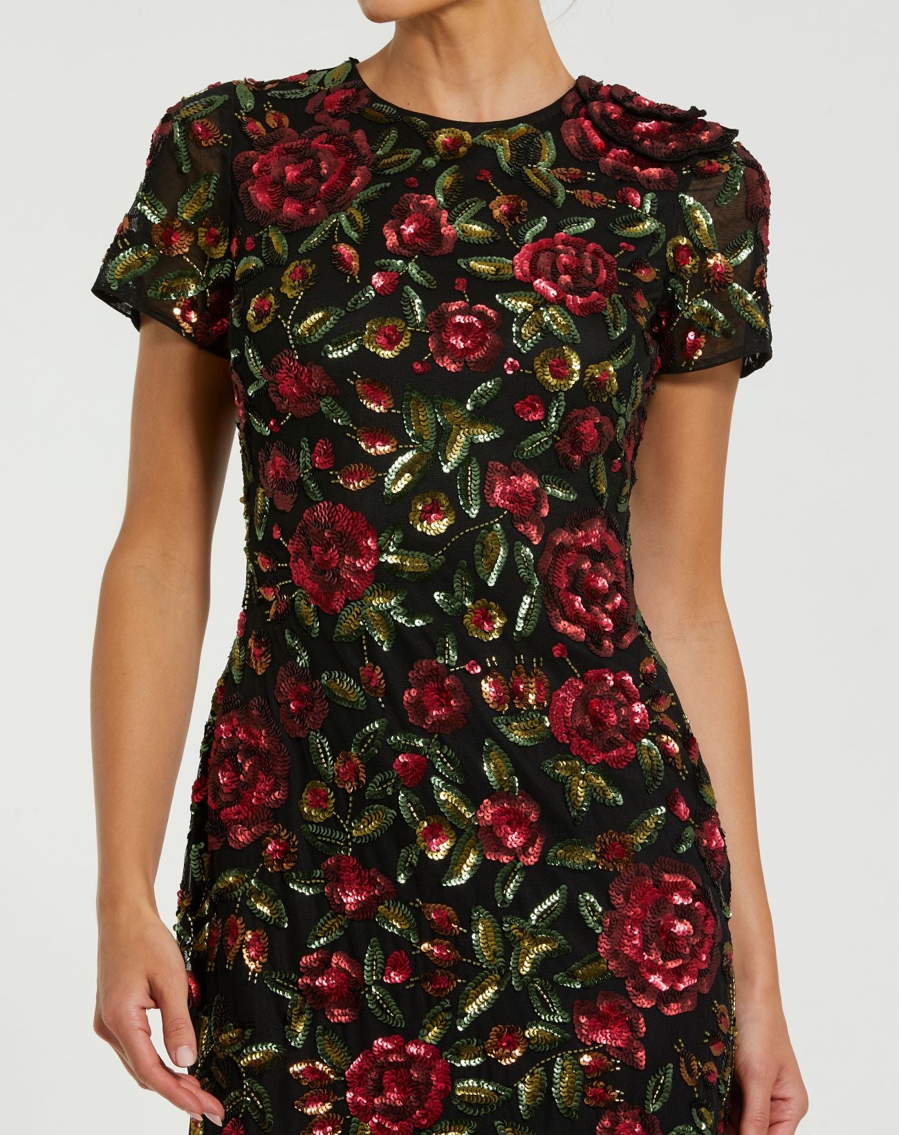 Black High Neck Floral Embellished Midi Dress - Mac Duggal