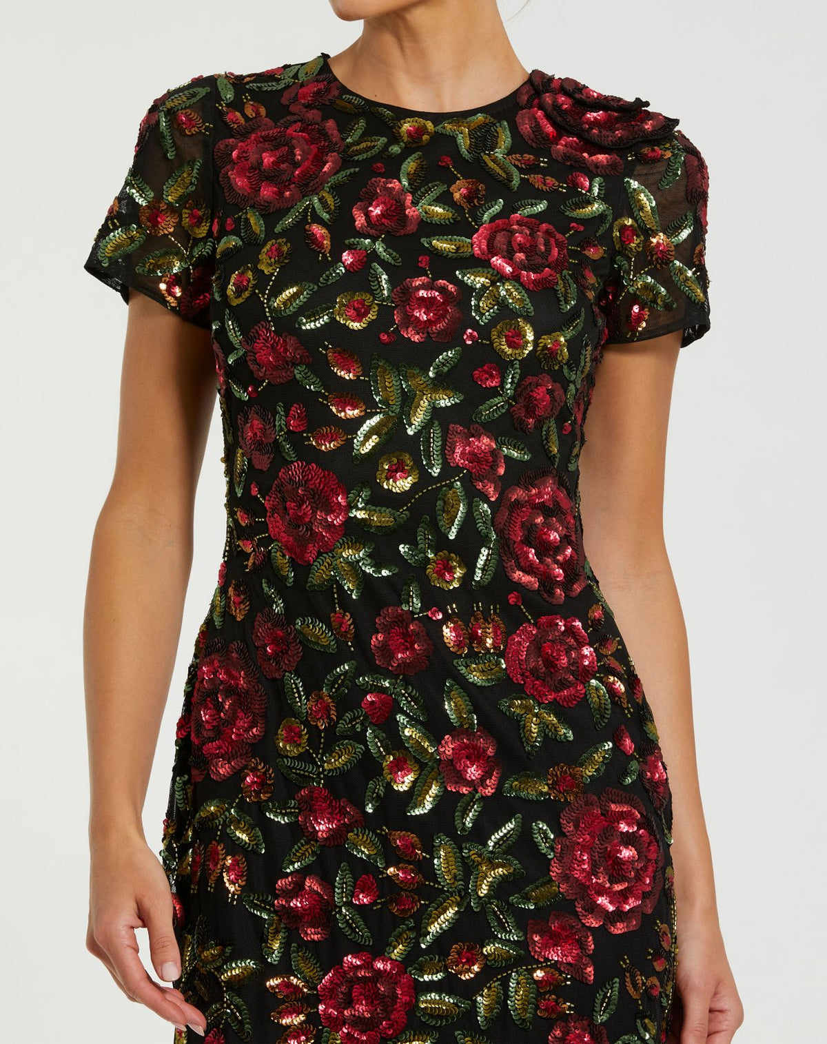 Black High Neck Floral Embellished Midi Dress - Mac Duggal