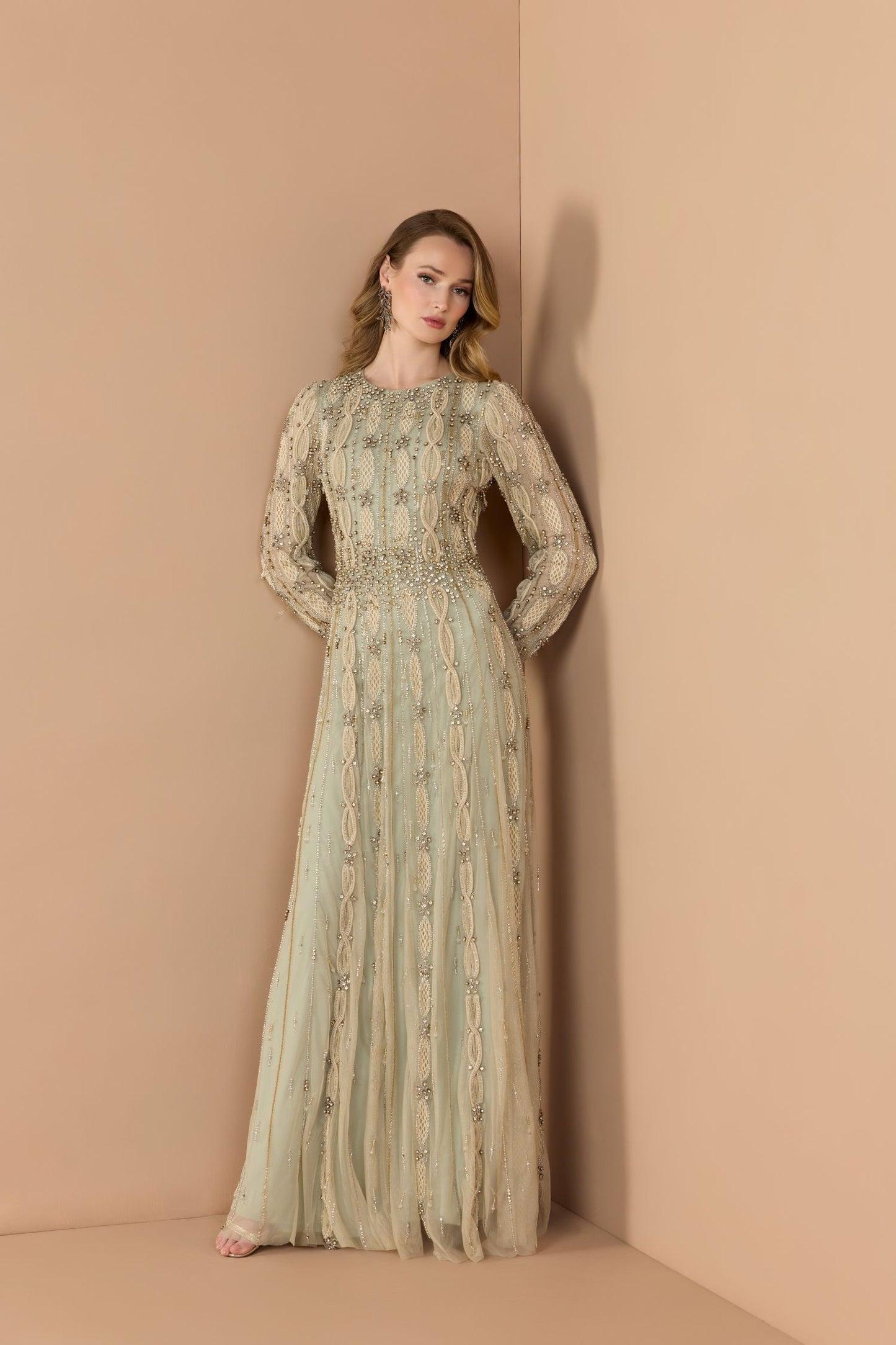 Green Embellished Mesh Long Sleeve A Line Gown