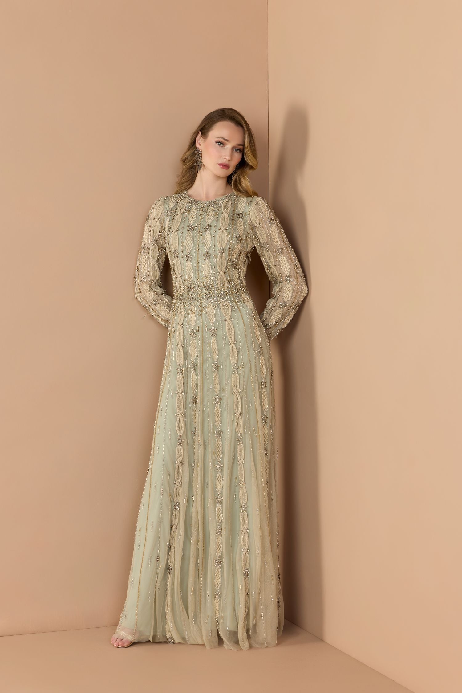 Green Embellished Mesh Long Sleeve A Line Gown