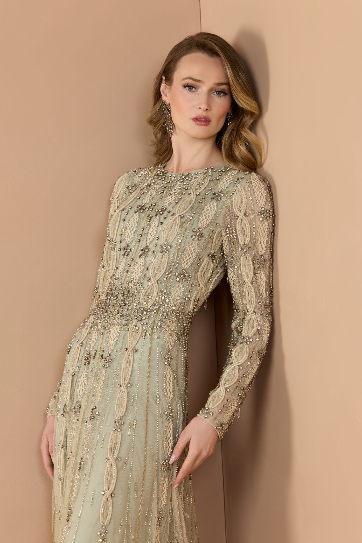 Green Embellished Mesh Long Sleeve A Line Gown