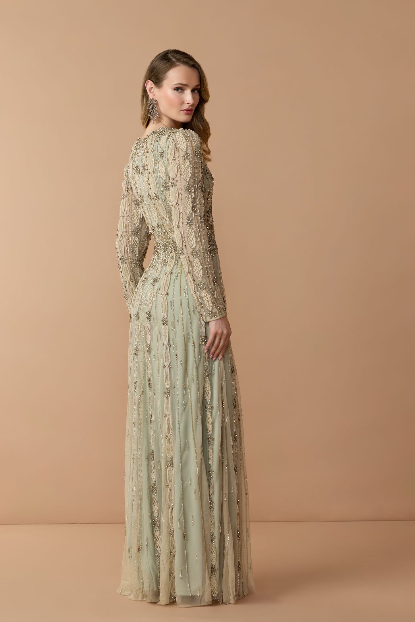 Green Embellished Mesh Long Sleeve A Line Gown