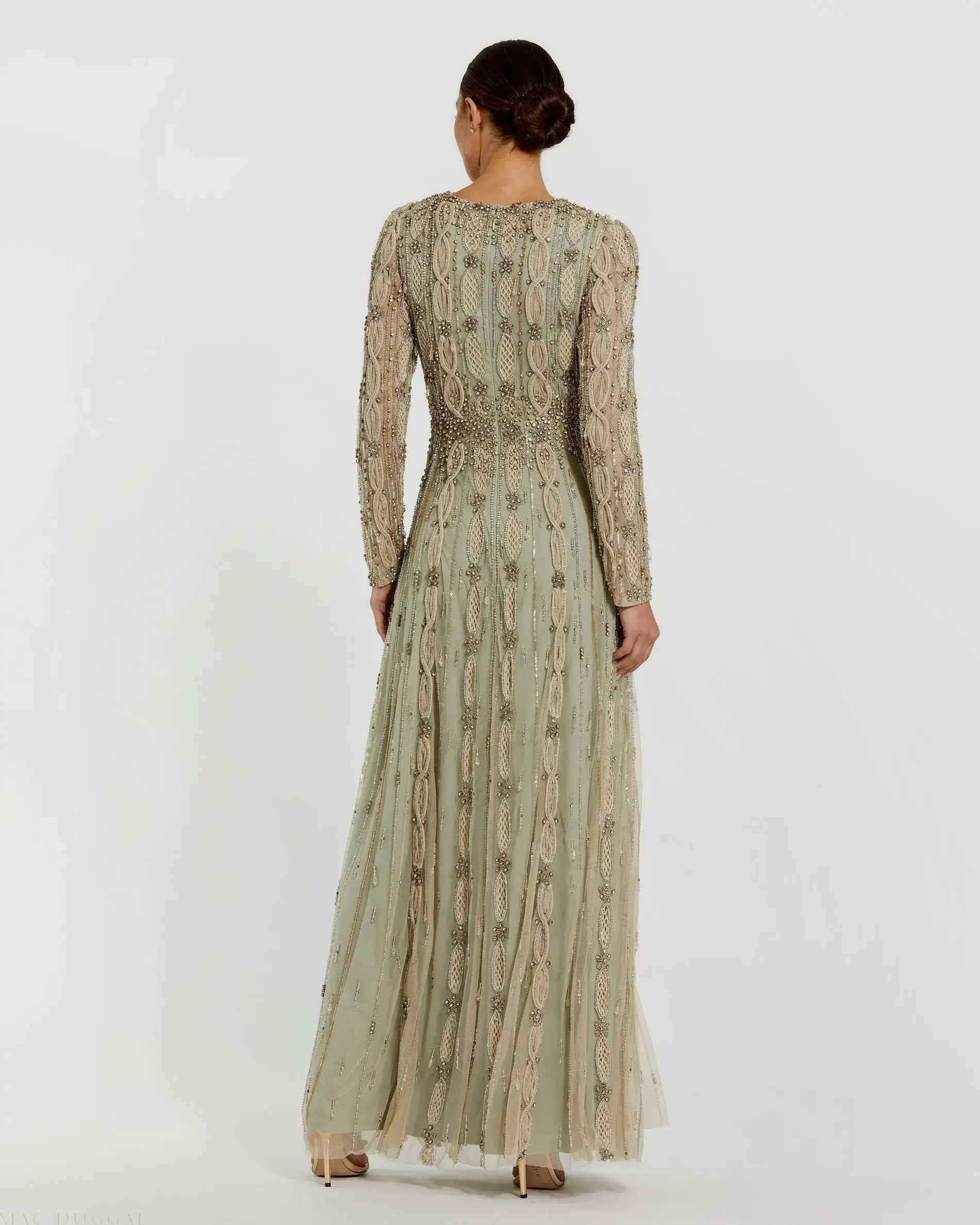 Green Embellished Long Sleeve A-Line Gown - Mac Duggal
