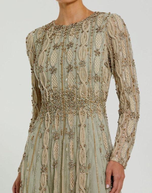 Green Embellished Mesh Long Sleeve A Line Gown