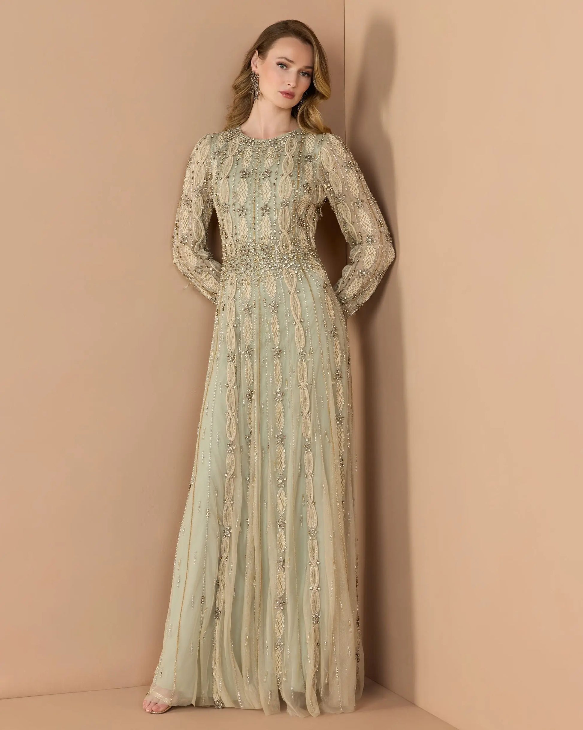Green Embellished Long Sleeve A-Line Gown | Mac Duggal Green Embellished Long Sleeve A-Line Gown | Mac Duggal