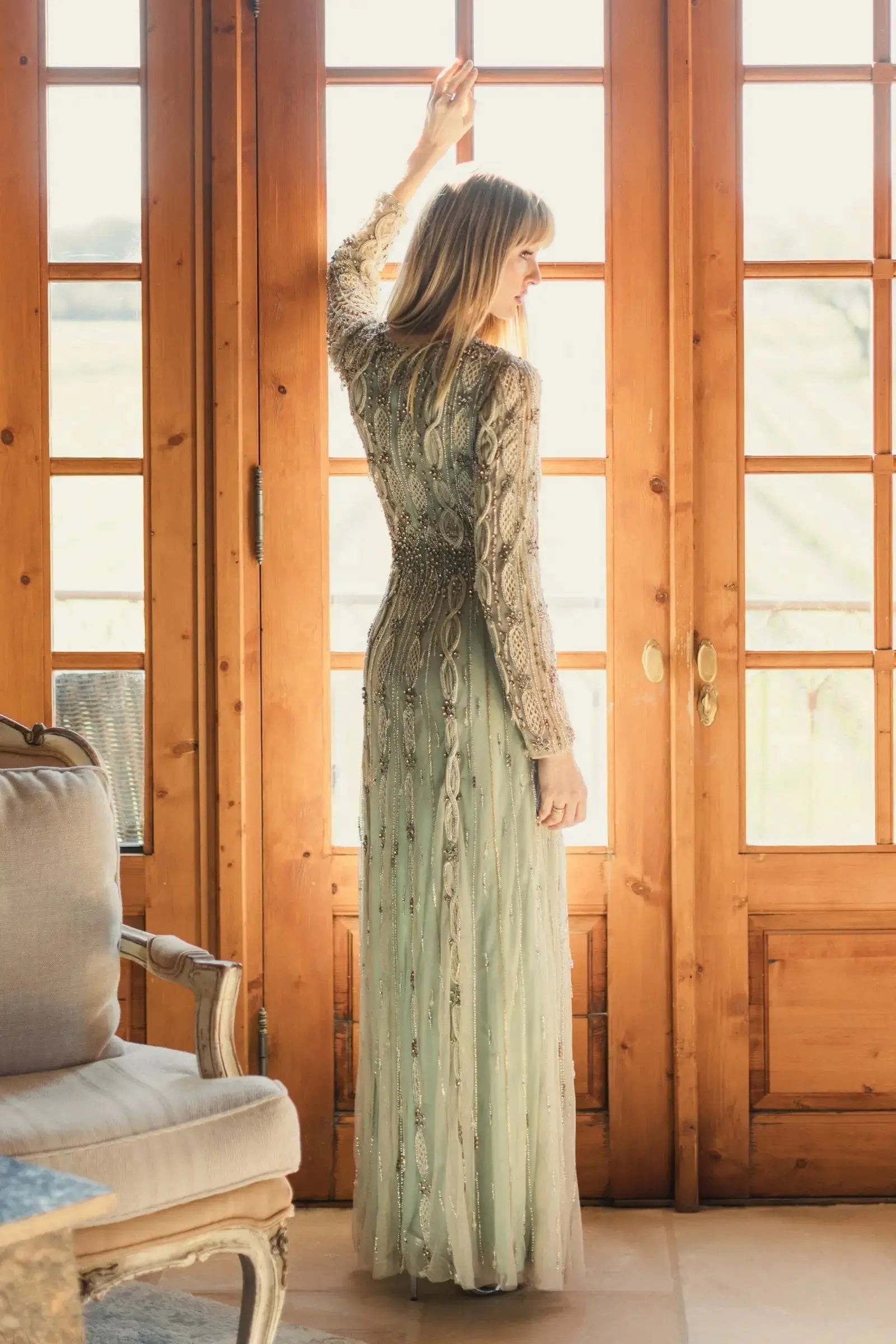 Green Embellished Long Sleeve A-Line Gown