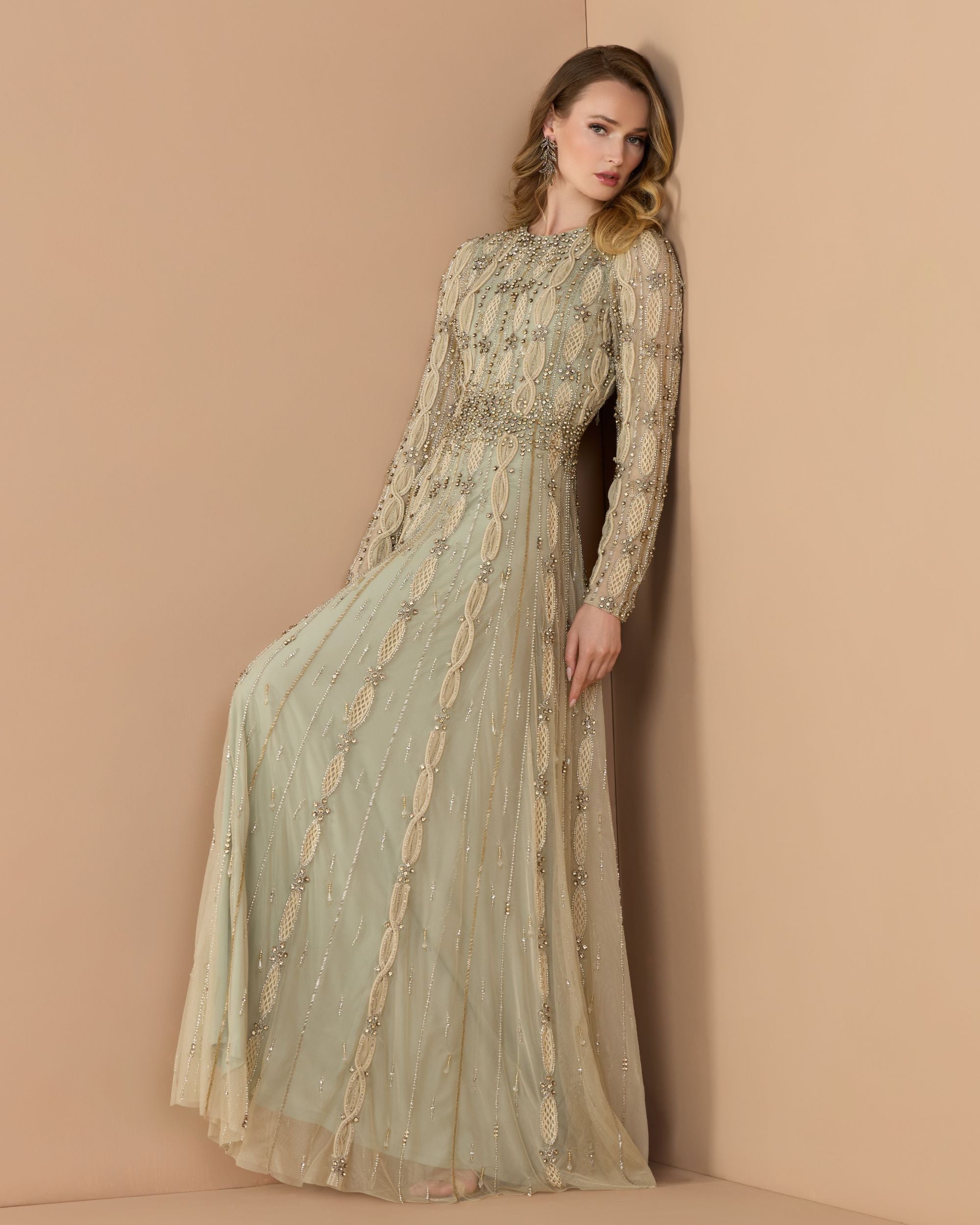 Green Embellished Mesh Long Sleeve A Line Gown