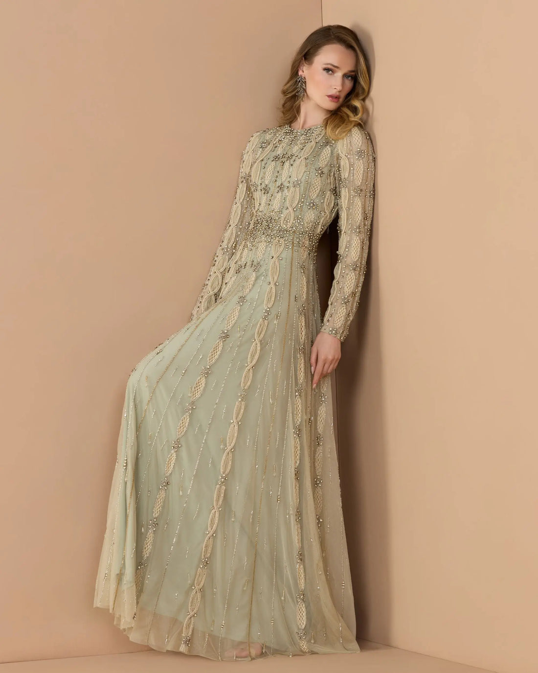 Green Embellished Long Sleeve A-Line Gown | Mac Duggal Green Embellished Long Sleeve A-Line Gown | Mac Duggal