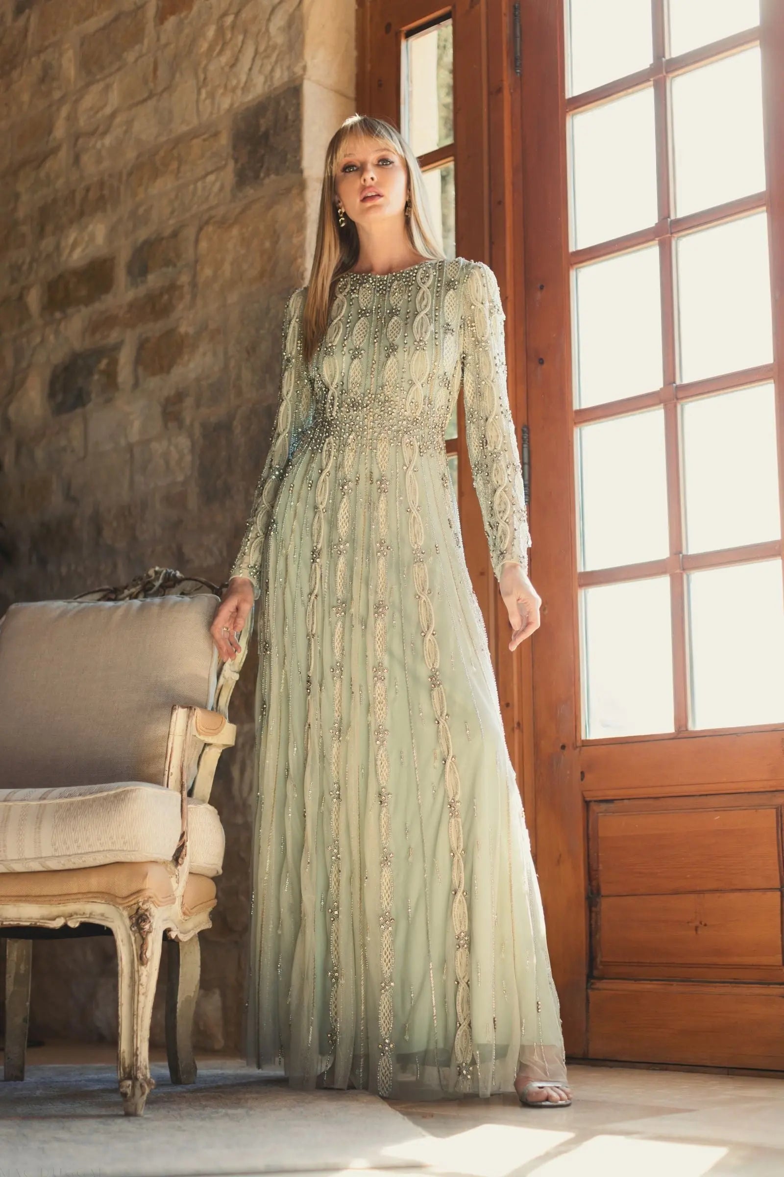 Green Embellished Mesh Long Sleeve A Line Gown - Mac Duggal