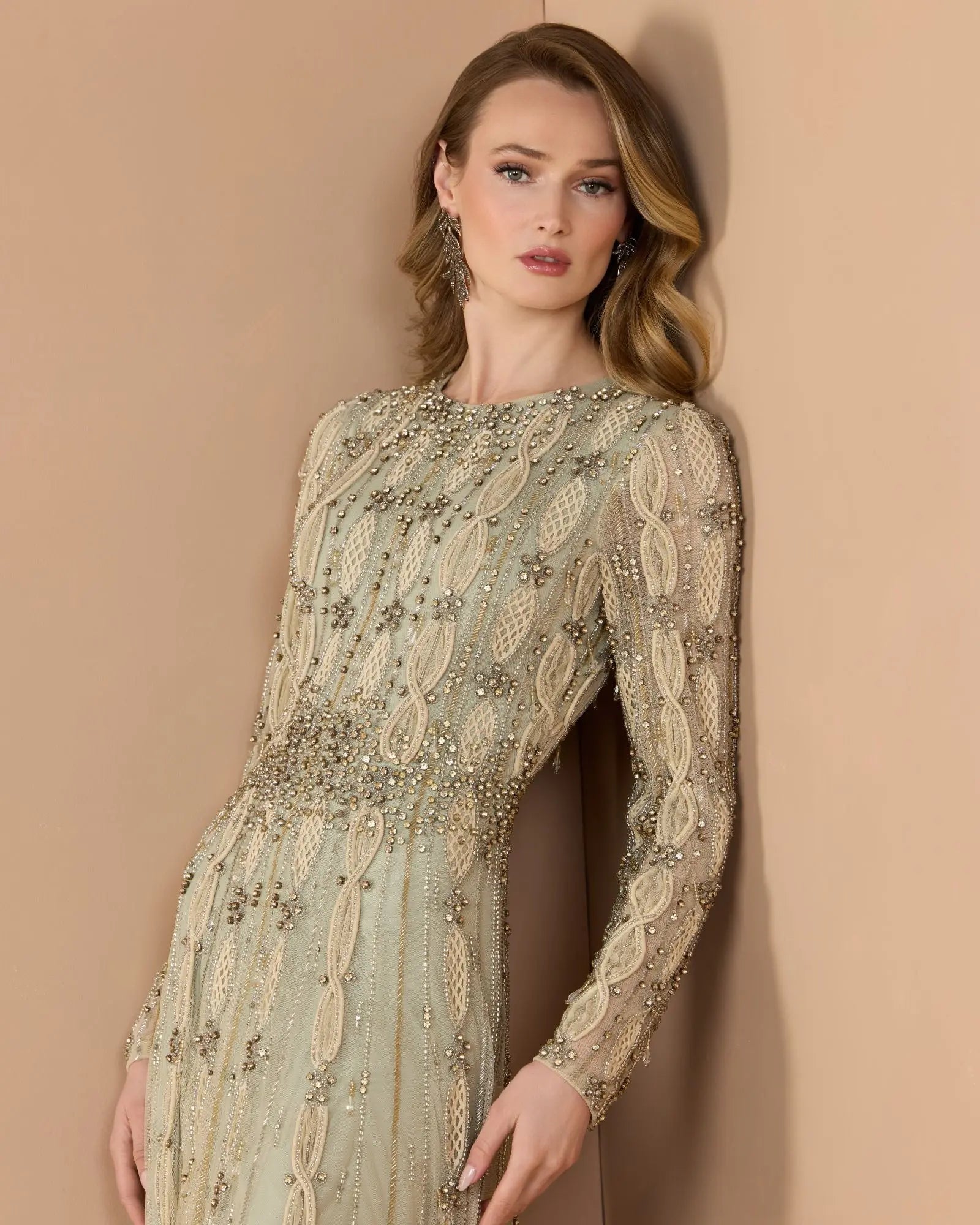 Green Embellished Long Sleeve A-Line Gown | Mac Duggal Green Embellished Long Sleeve A-Line Gown | Mac Duggal