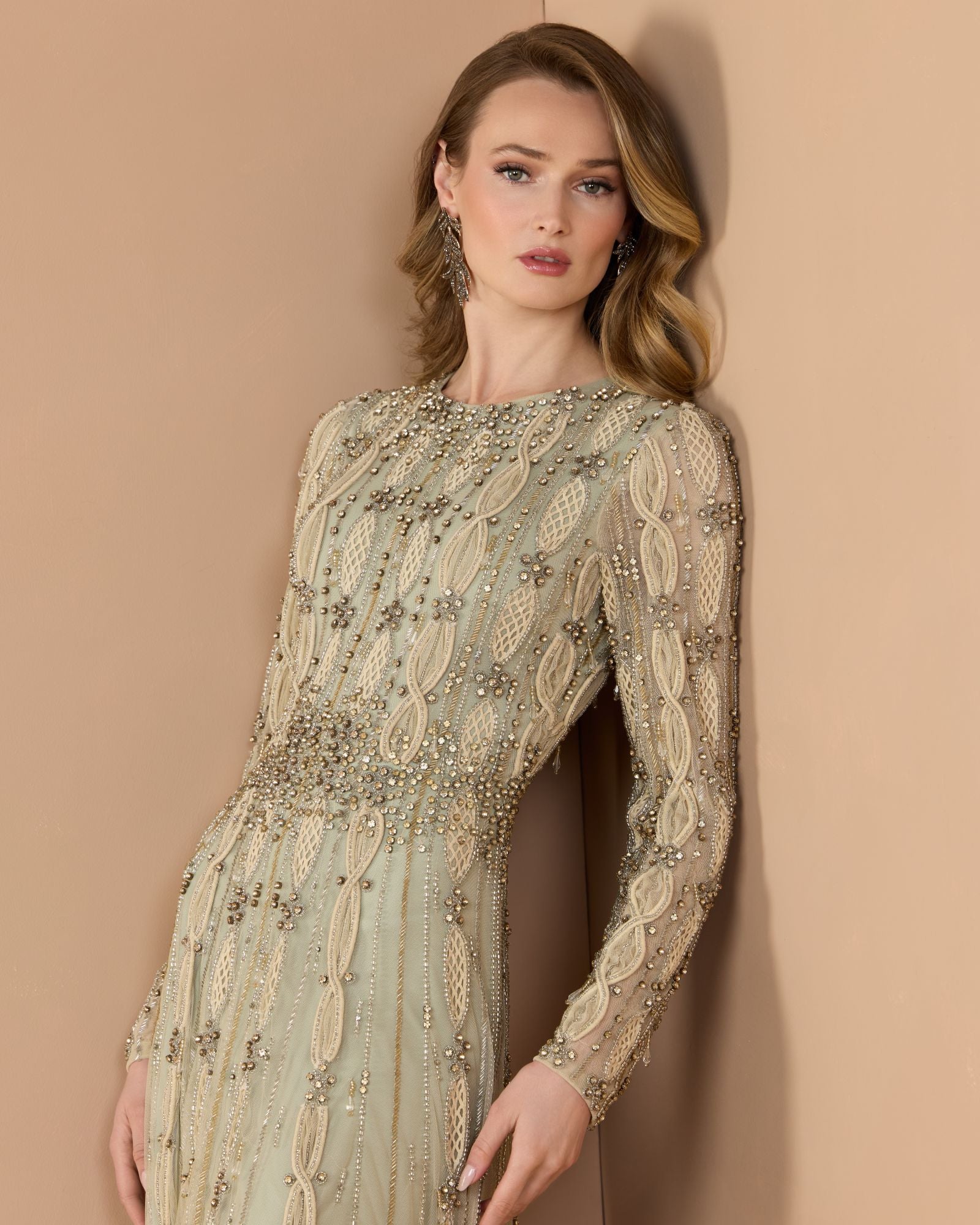 Green Embellished Mesh Long Sleeve A Line Gown