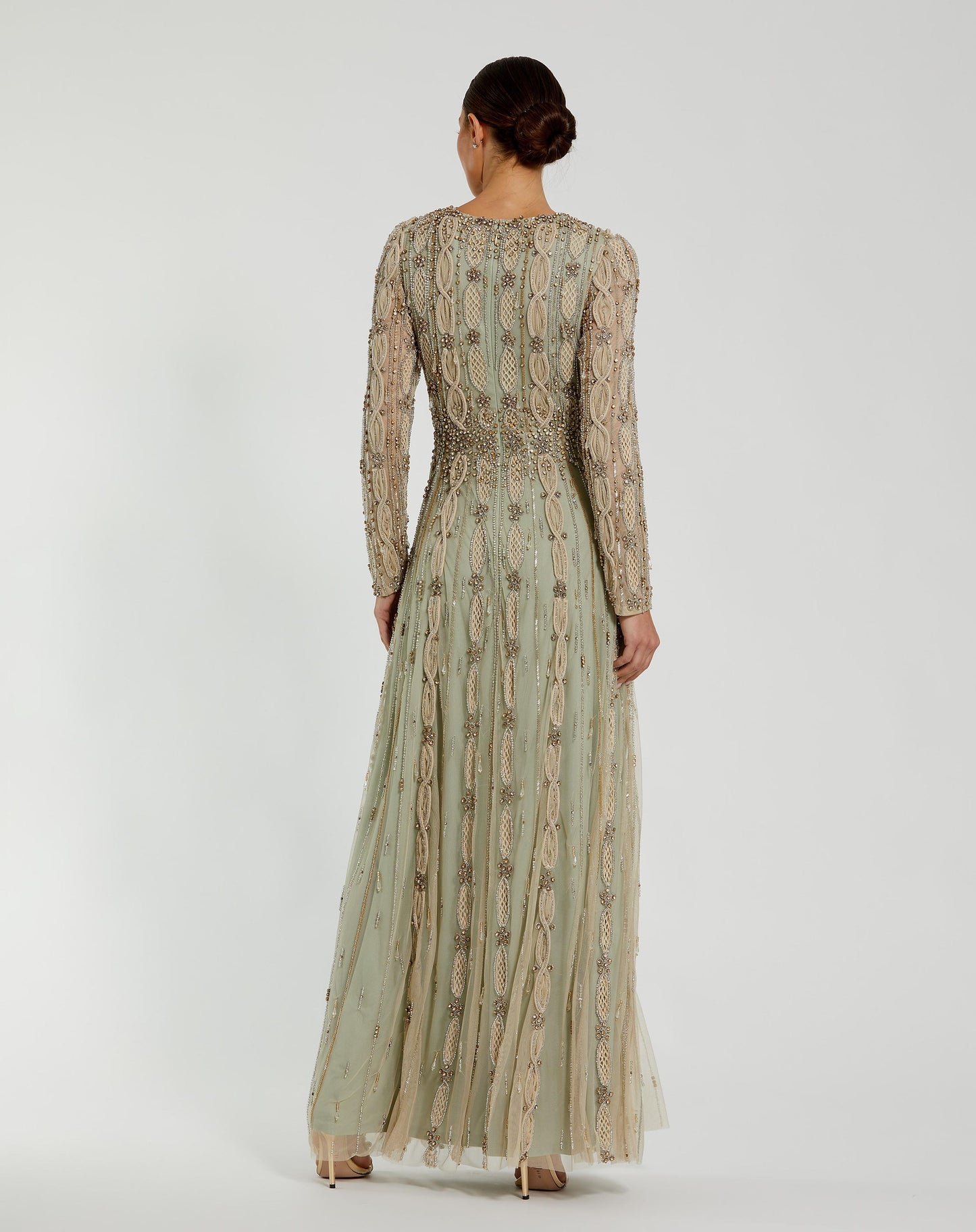 Green Embellished Mesh Long Sleeve A Line Gown