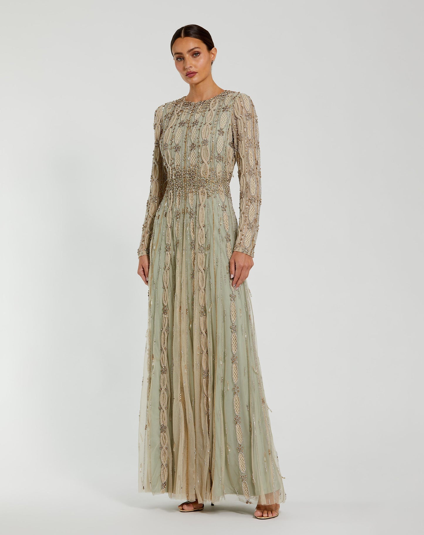 Green Embellished Mesh Long Sleeve A Line Gown