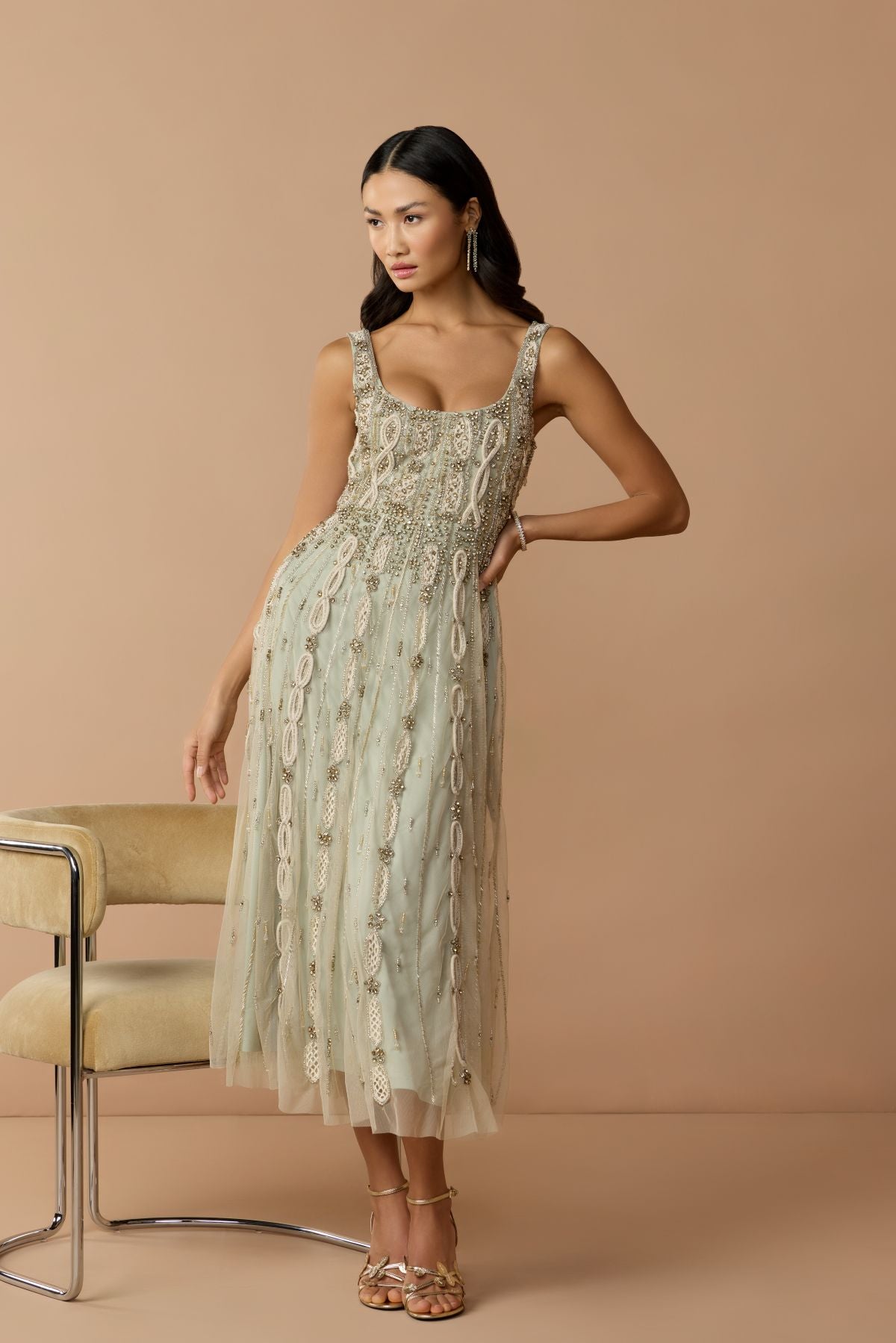 Green Embellished Mesh Sleeveless Scoop Neck Midi Dress