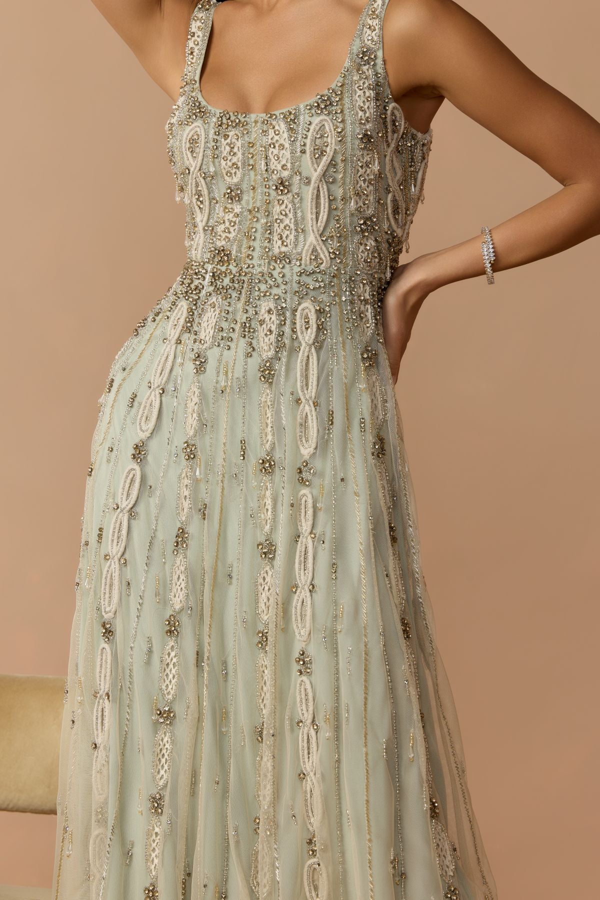 Green Embellished Mesh Sleeveless Scoop Neck Midi Dress