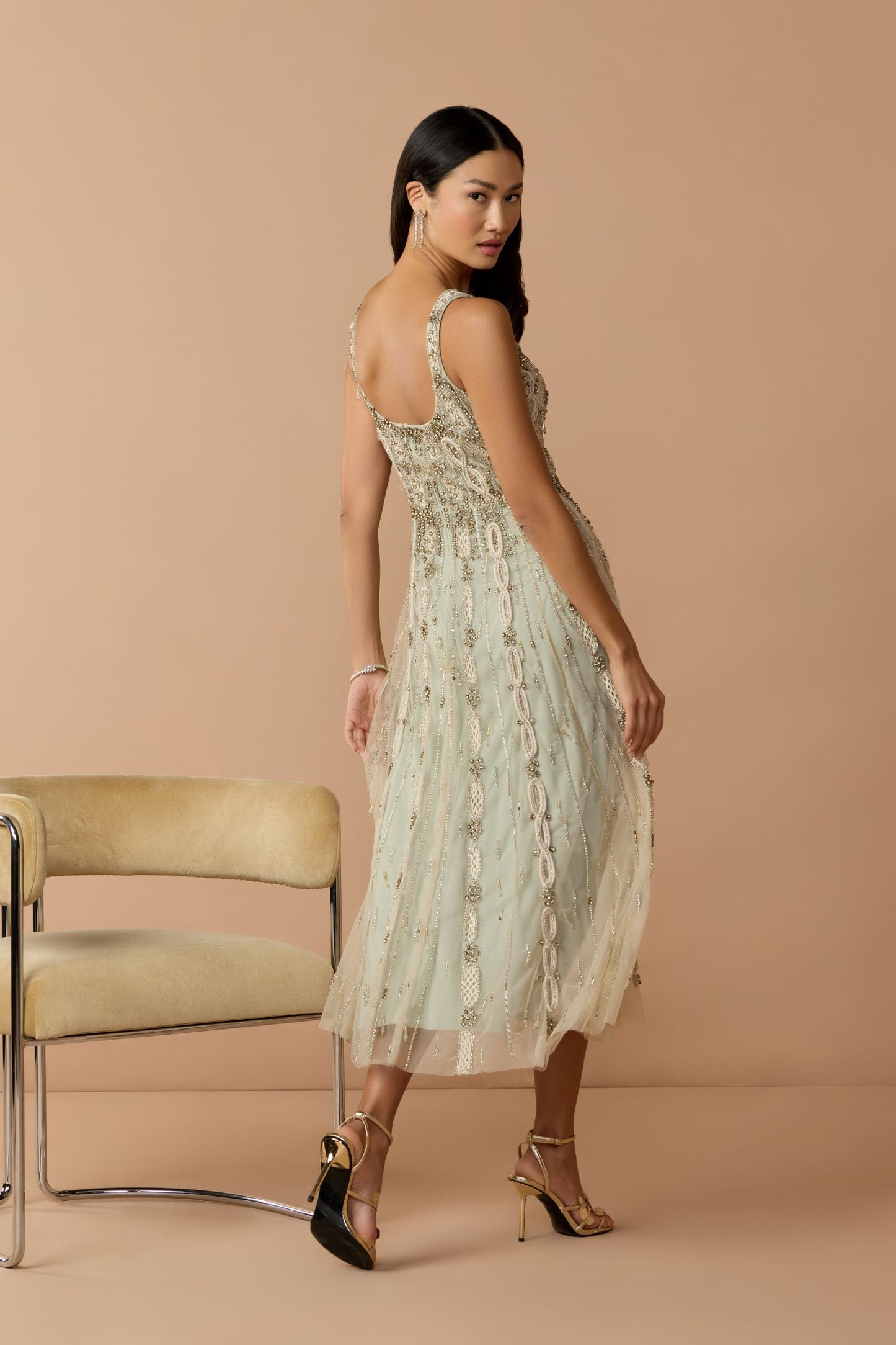 Green Embellished Mesh Sleeveless Scoop Neck Midi Dress