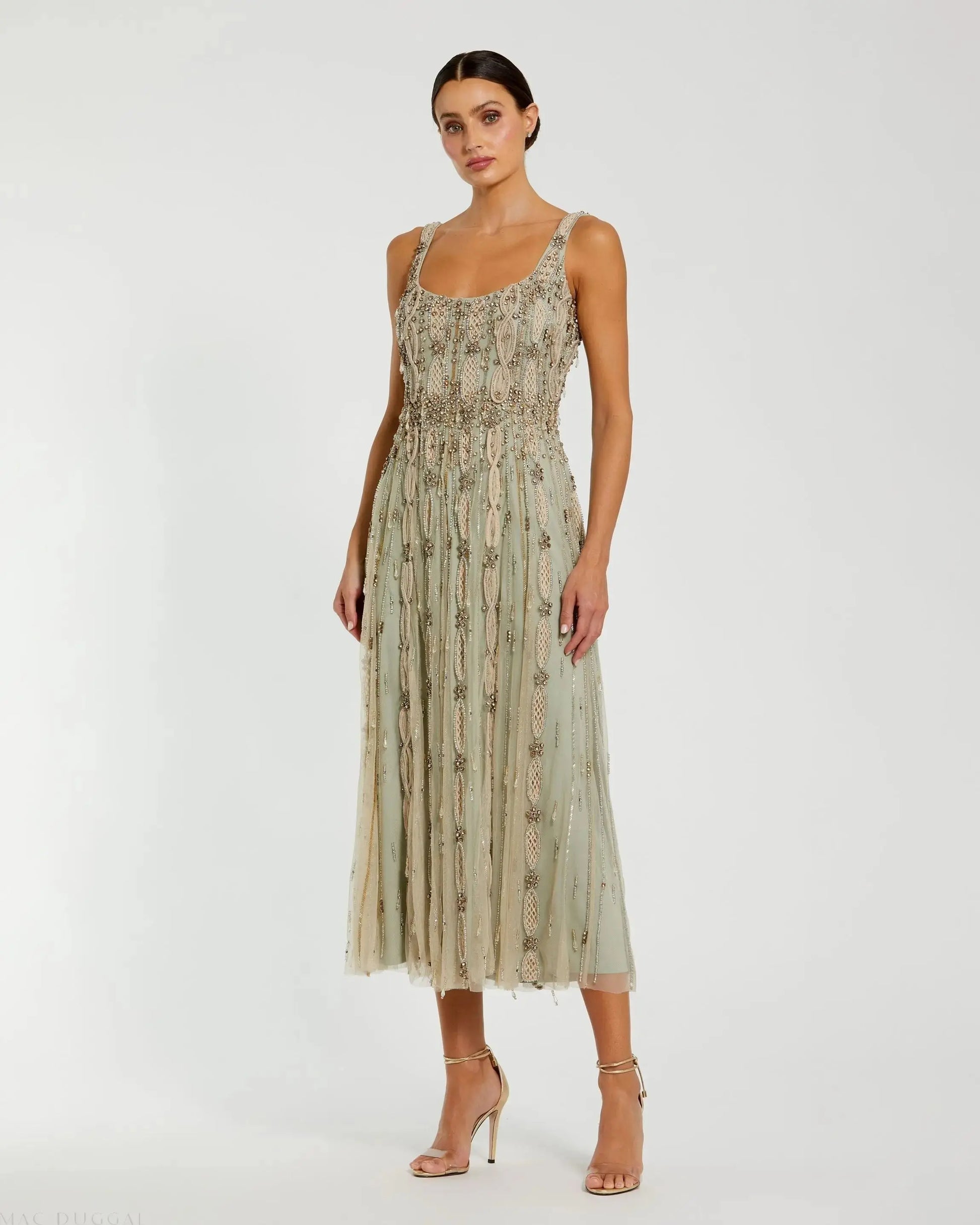 Mac Duggal Wedding Guest Green Embellished Mesh Sleeveless Scoop Neck Midi Dress Nude Sage Size US 6 Mac Duggal Wedding Guest Green Embellished Mesh Sleeveless Scoop Neck Midi Dress Nude Sage Size US 6