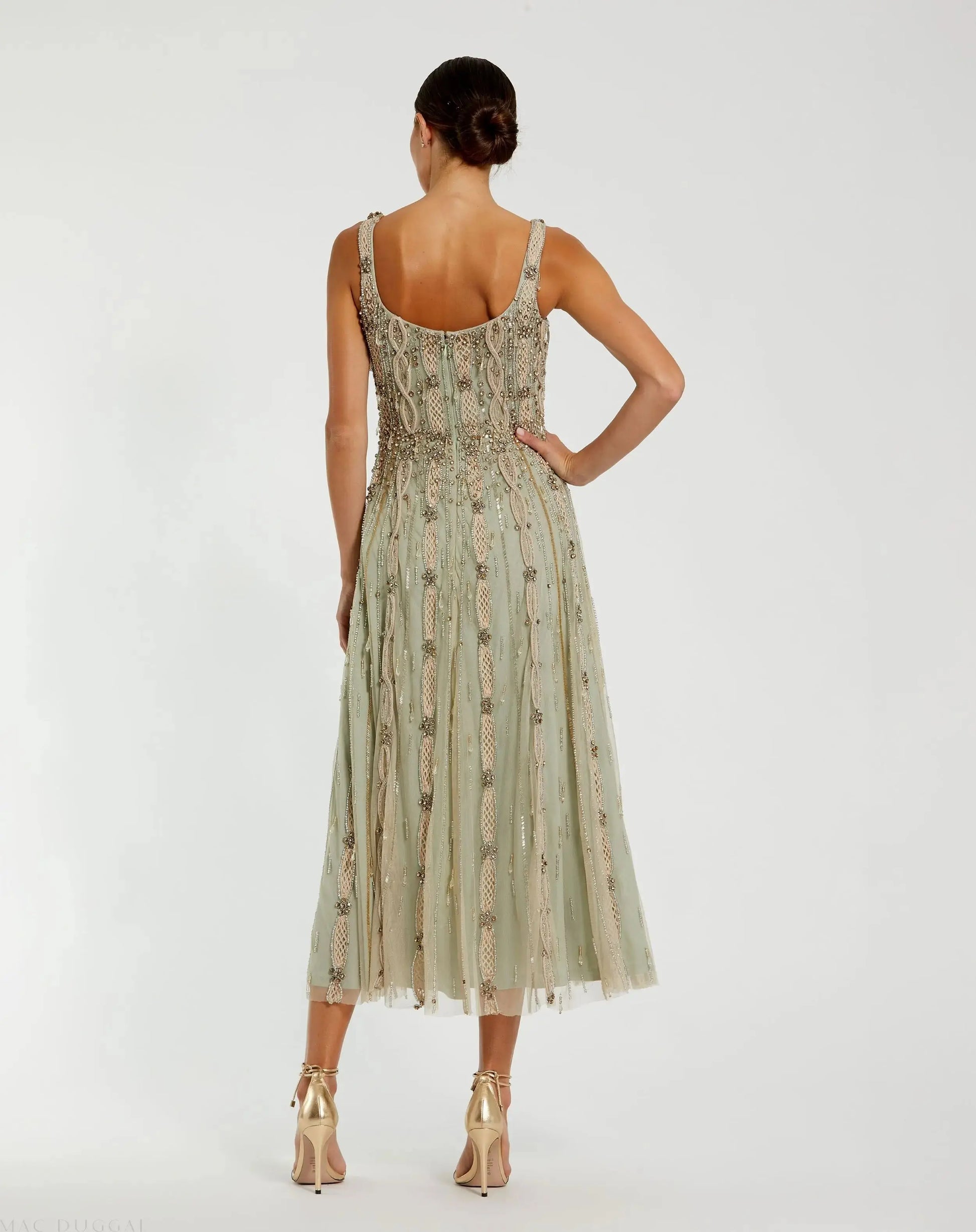 Mac Duggal Wedding Guest Green Embellished Mesh Sleeveless Scoop Neck Midi Dress Nude Sage Size US 6 Mac Duggal Wedding Guest Green Embellished Mesh Sleeveless Scoop Neck Midi Dress Nude Sage Size US 6