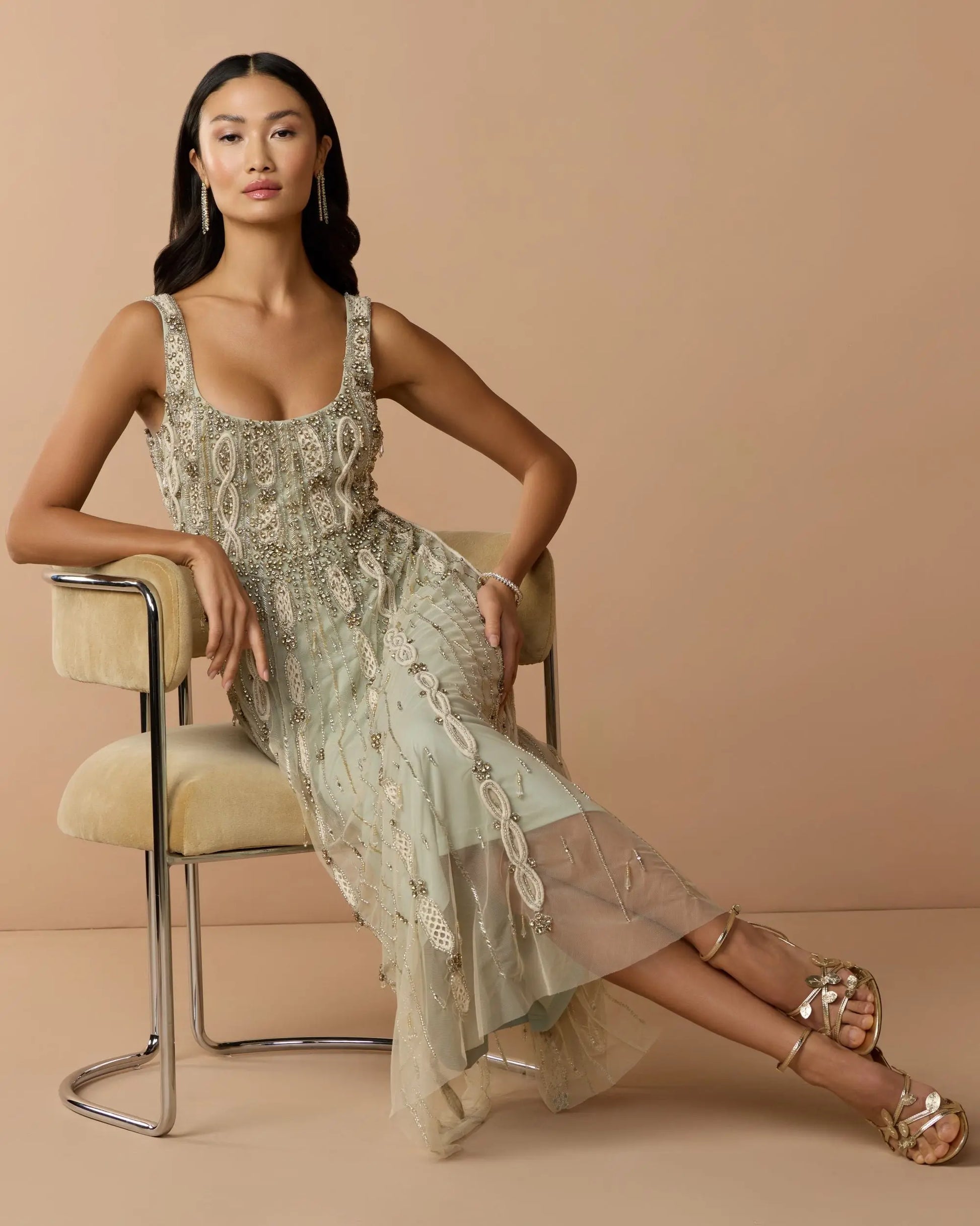 Mac Duggal Wedding Guest Green Embellished Mesh Sleeveless Scoop Neck Midi Dress Nude Sage Size US 6 Mac Duggal Wedding Guest Green Embellished Mesh Sleeveless Scoop Neck Midi Dress Nude Sage Size US 6