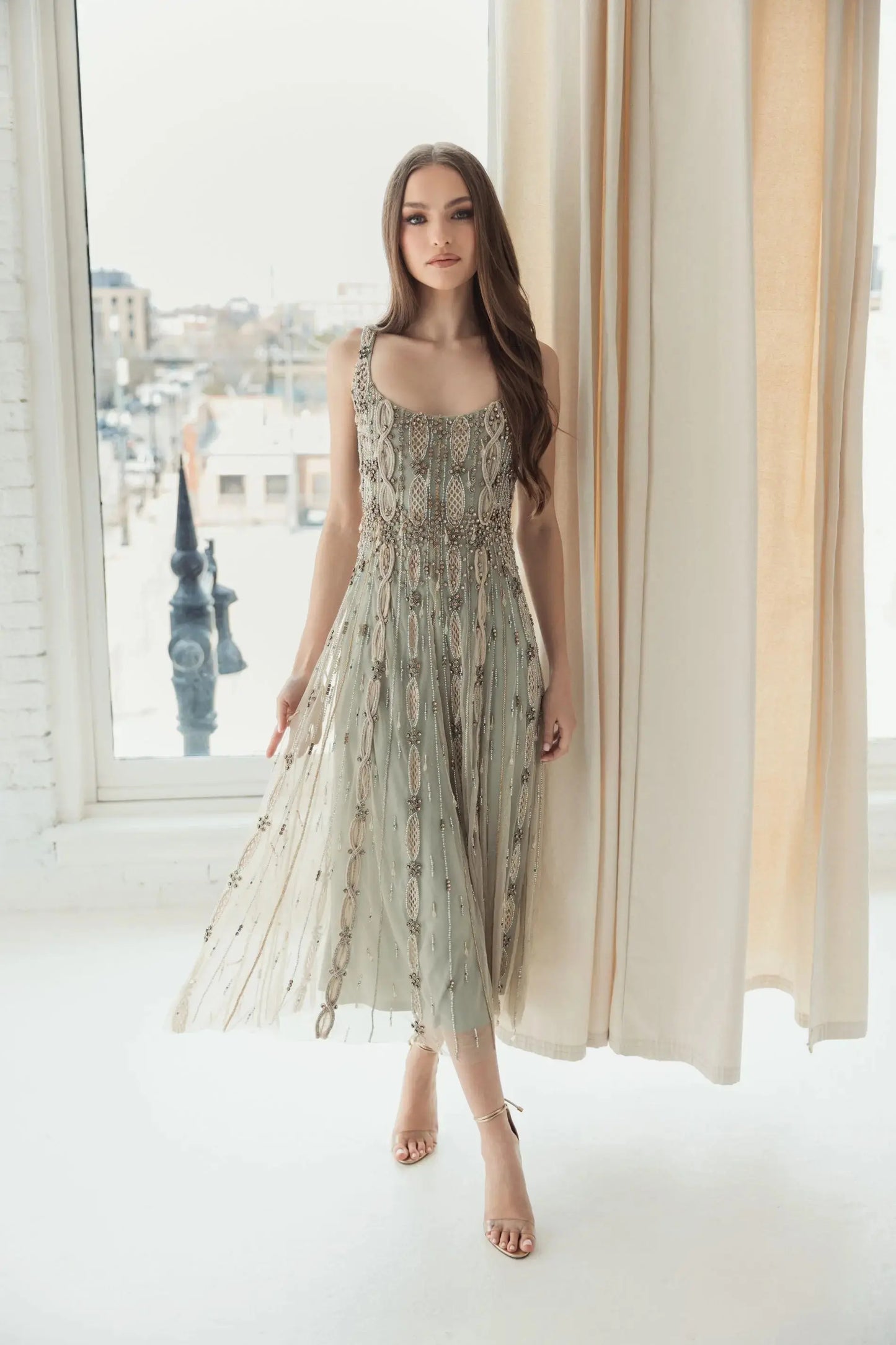 Green Embellished Mesh Sleeveless Scoop Neck Midi Dress - Mac Duggal