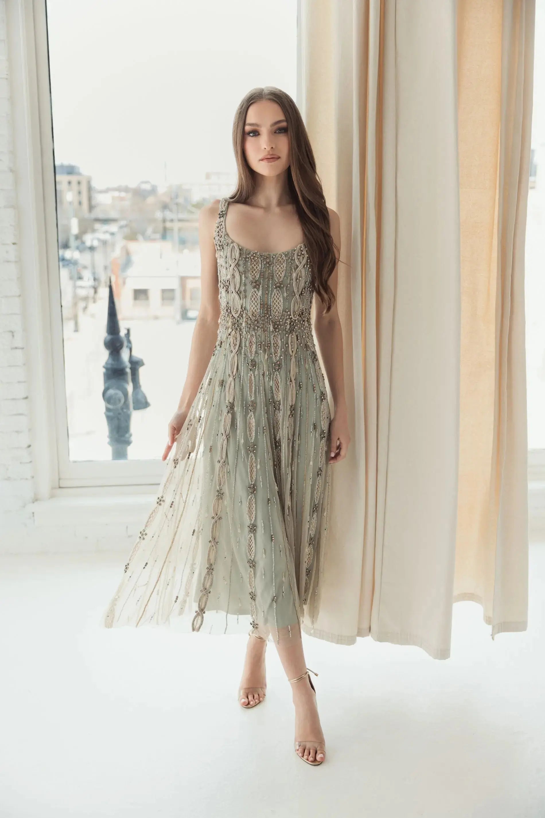 Green Embellished Mesh Sleeveless Scoop Neck Midi Dress - Mac Duggal