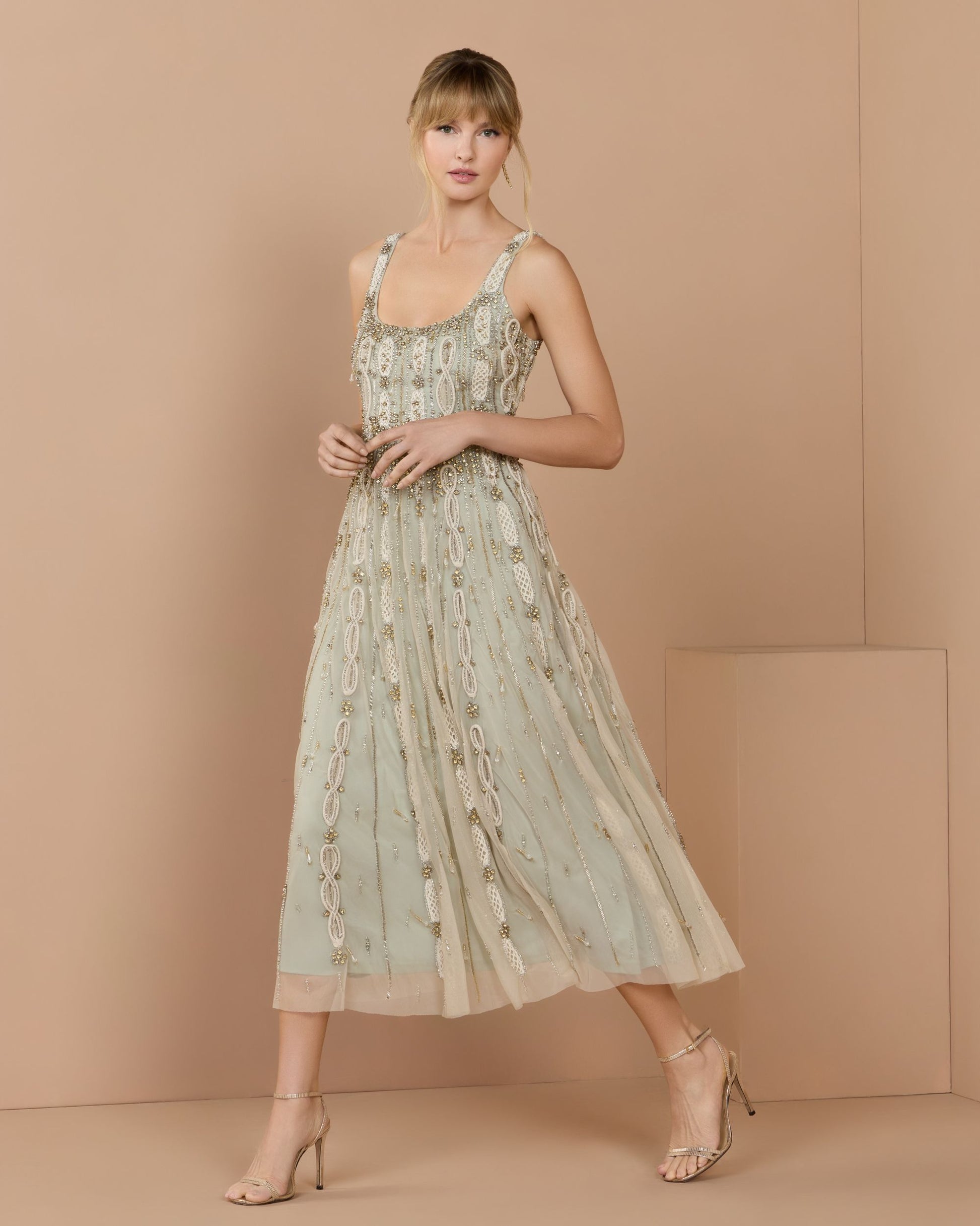 Mac Duggal Women's Embellished Mesh Sleeveless Scoop Neck Midi Dress - Tan/Beige - Size 2