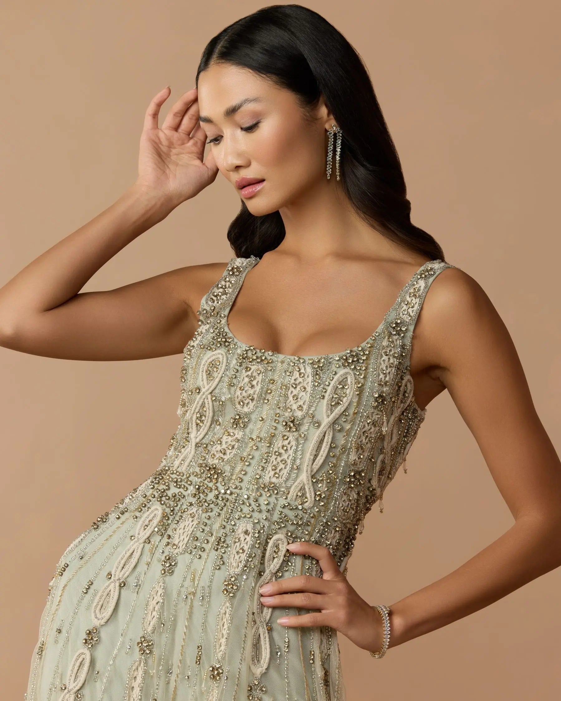 Green Sleeveless Scoop Neck Embellished Midi Dress | Mac Duggal Green Sleeveless Scoop Neck Embellished Midi Dress | Mac Duggal