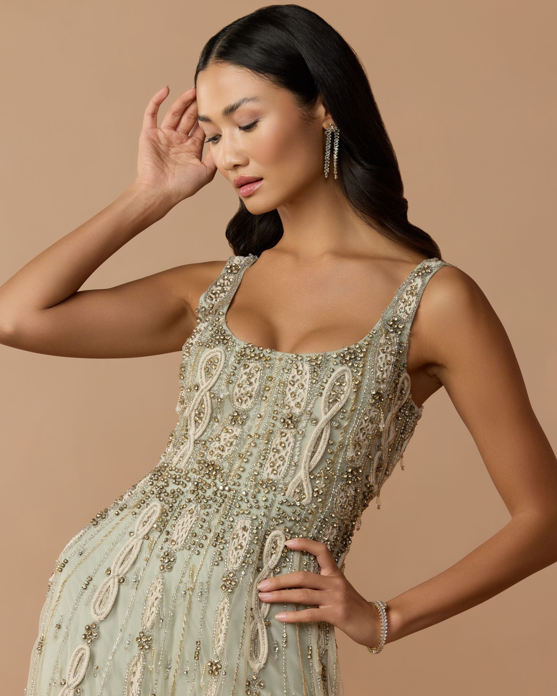 Green Sleeveless Scoop Neck Embellished Midi Dress