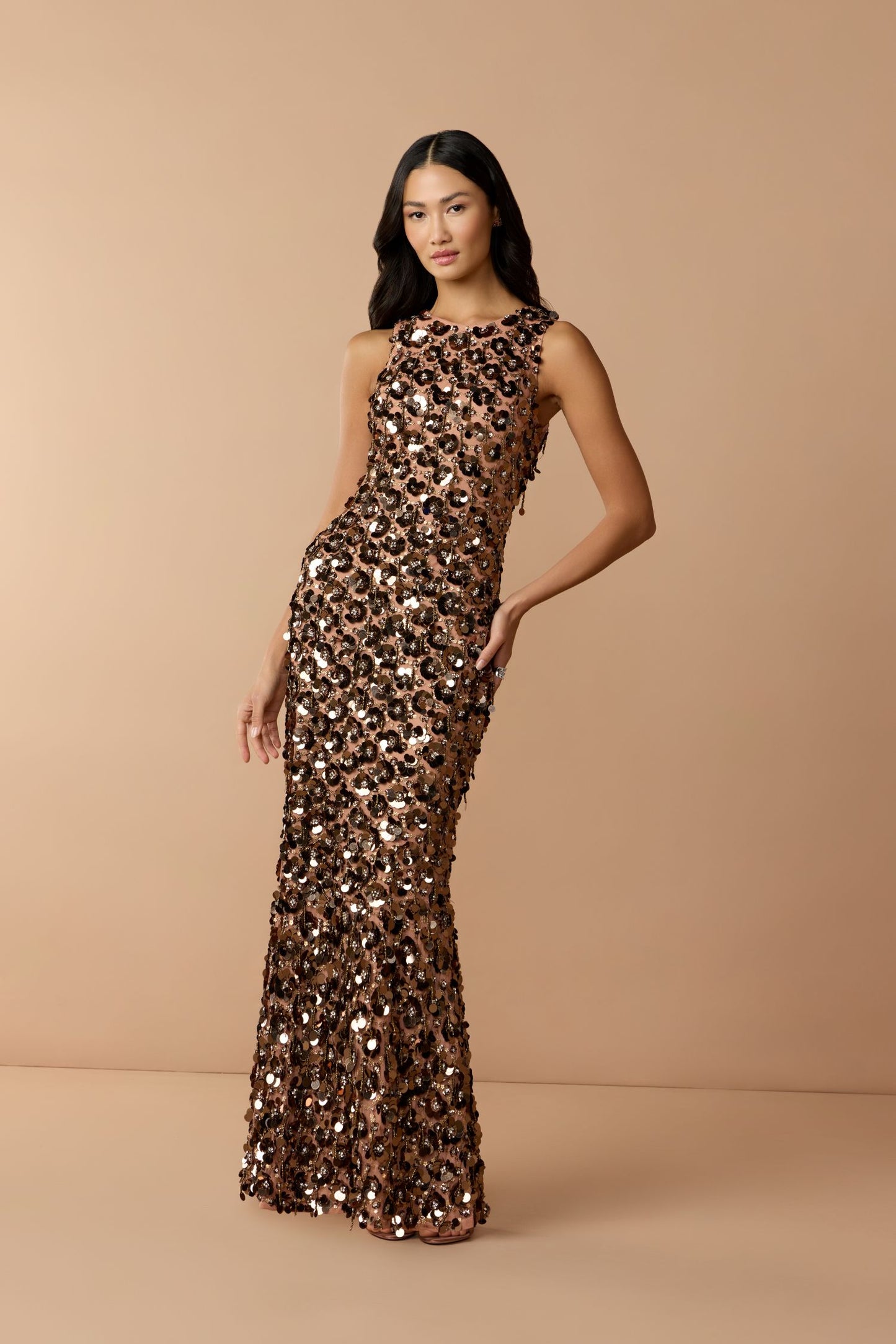 Brown Sleeveless Sequin Fringe Column Gown