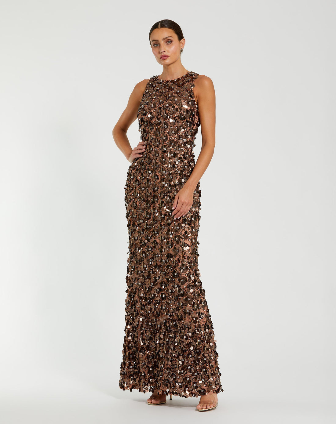 Brown Sleeveless Sequin Fringe Column Gown - Mac Duggal