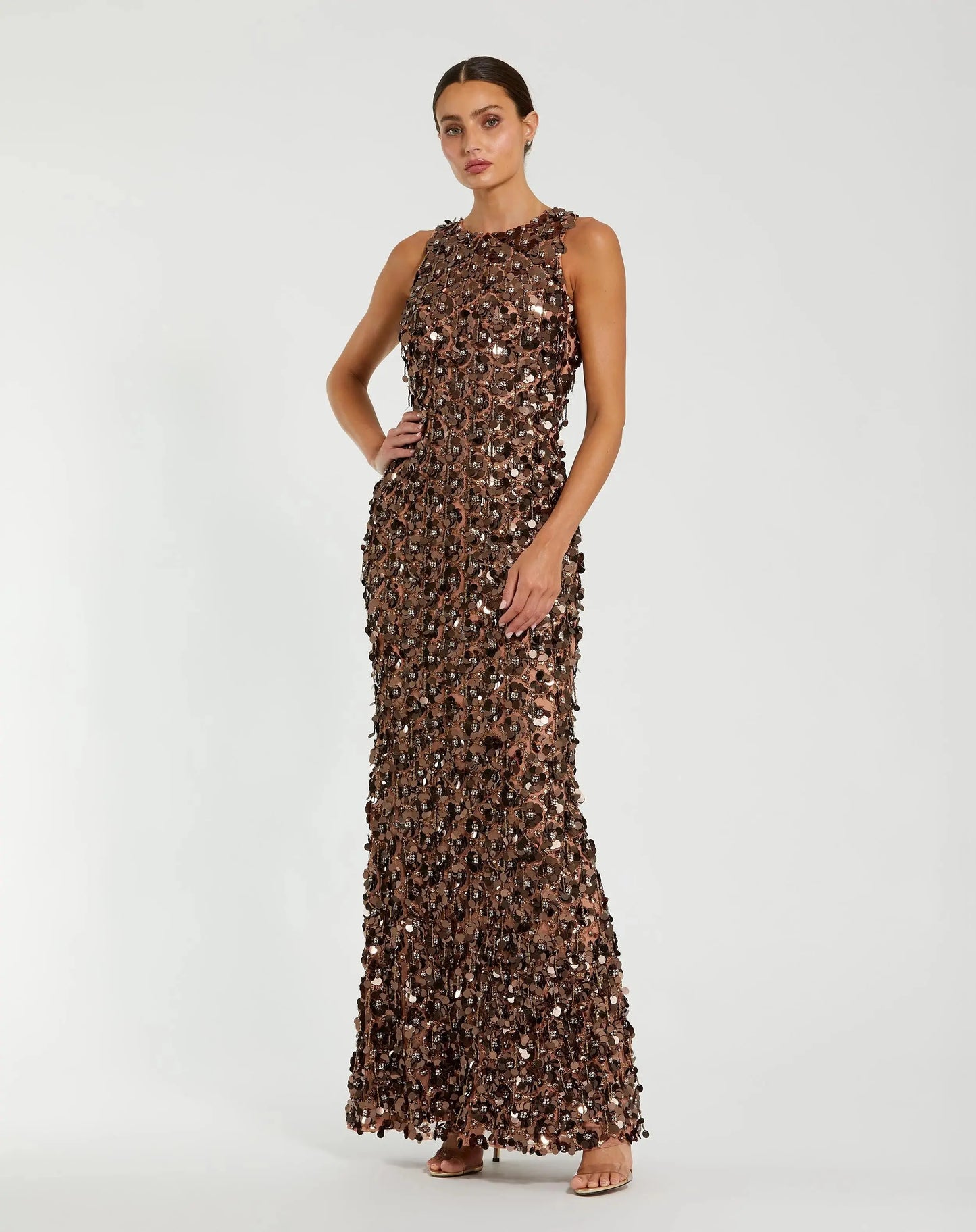 Brown Sequin Embellished Sleeveless Gown With Beaded Fringe - Mac Duggal