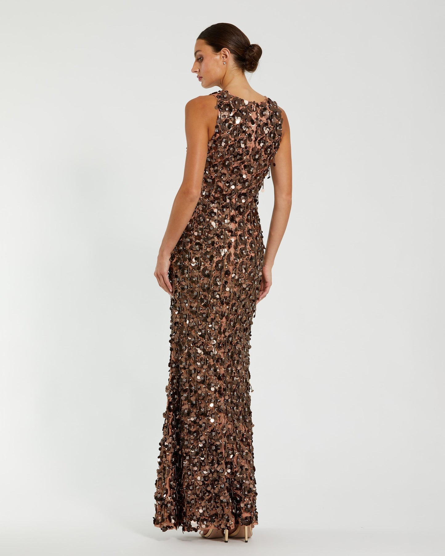 Brown Sleeveless Sequin Fringe Column Gown - Mac Duggal