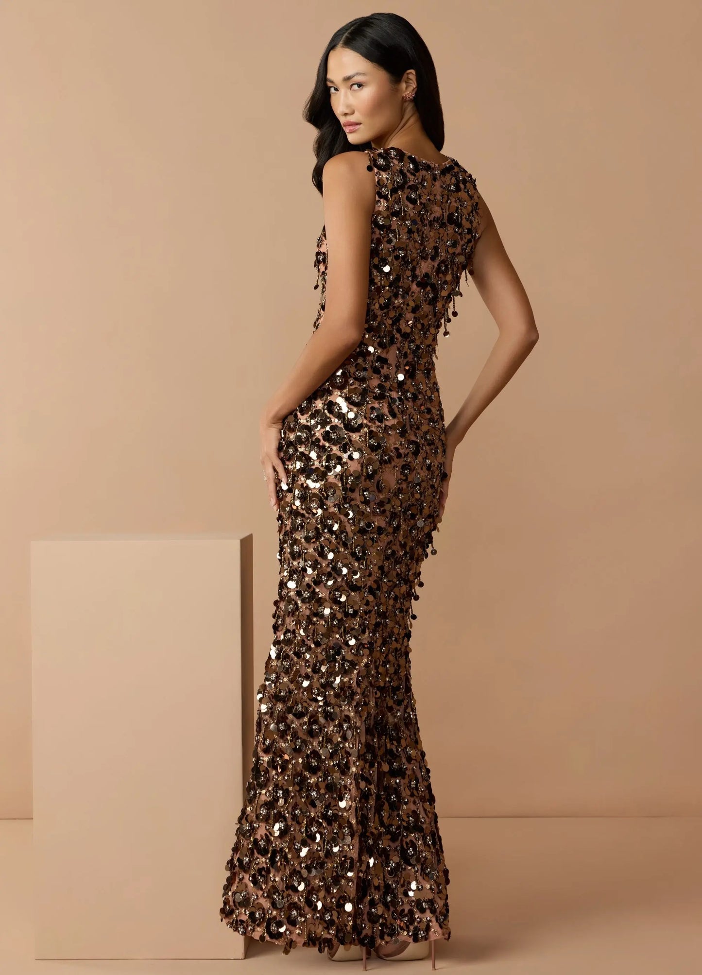 Brown Sequin Embellished Sleeveless Gown With Beaded Fringe - Mac Duggal