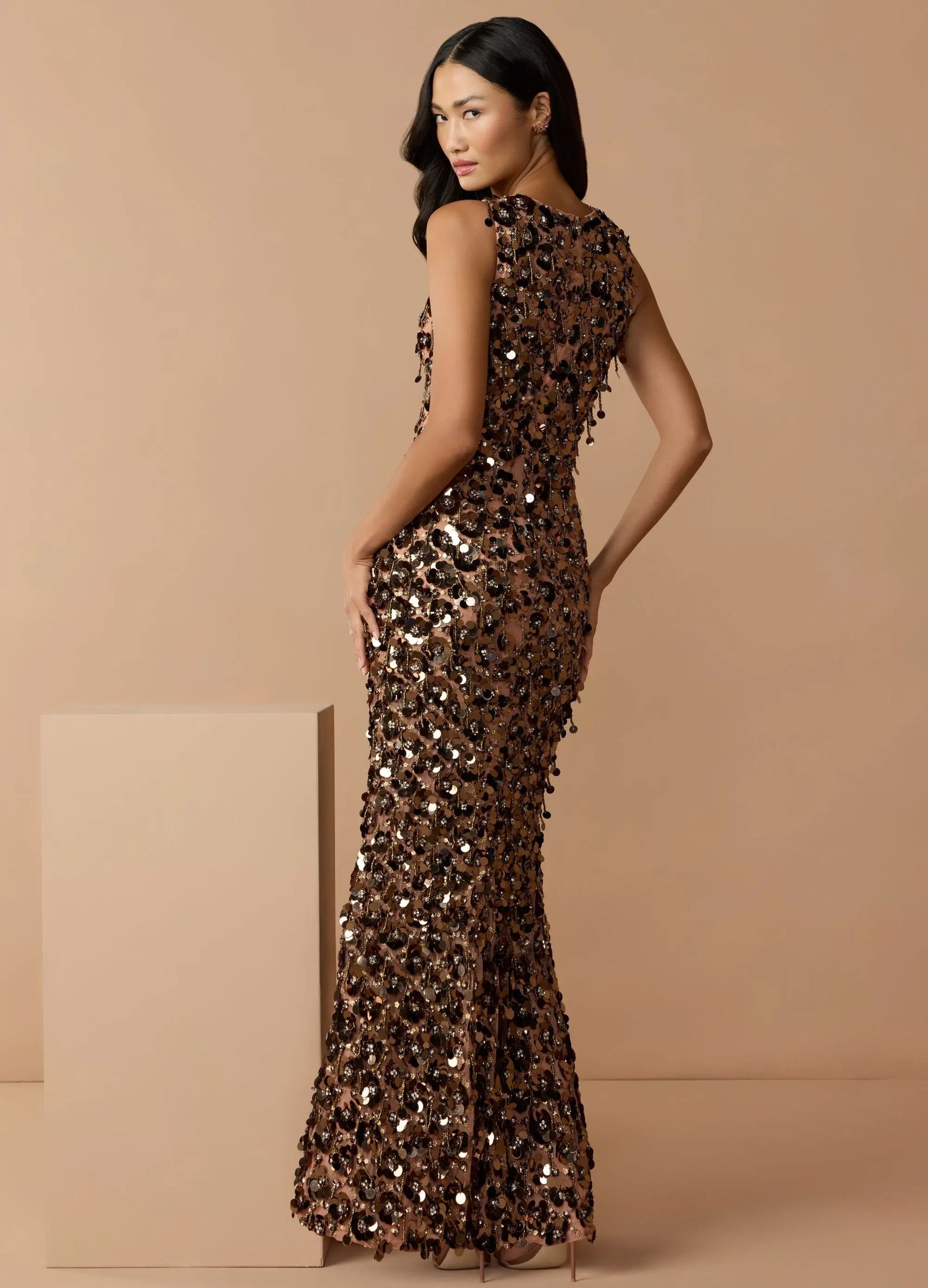 Brown Sequin Embellished Sleeveless Gown With Beaded Fringe - Mac Duggal
