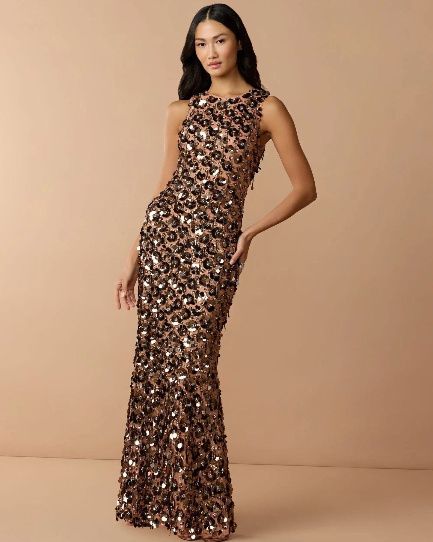 Brown Sequin Embellished Sleeveless Gown With Beaded Fringe - Mac Duggal