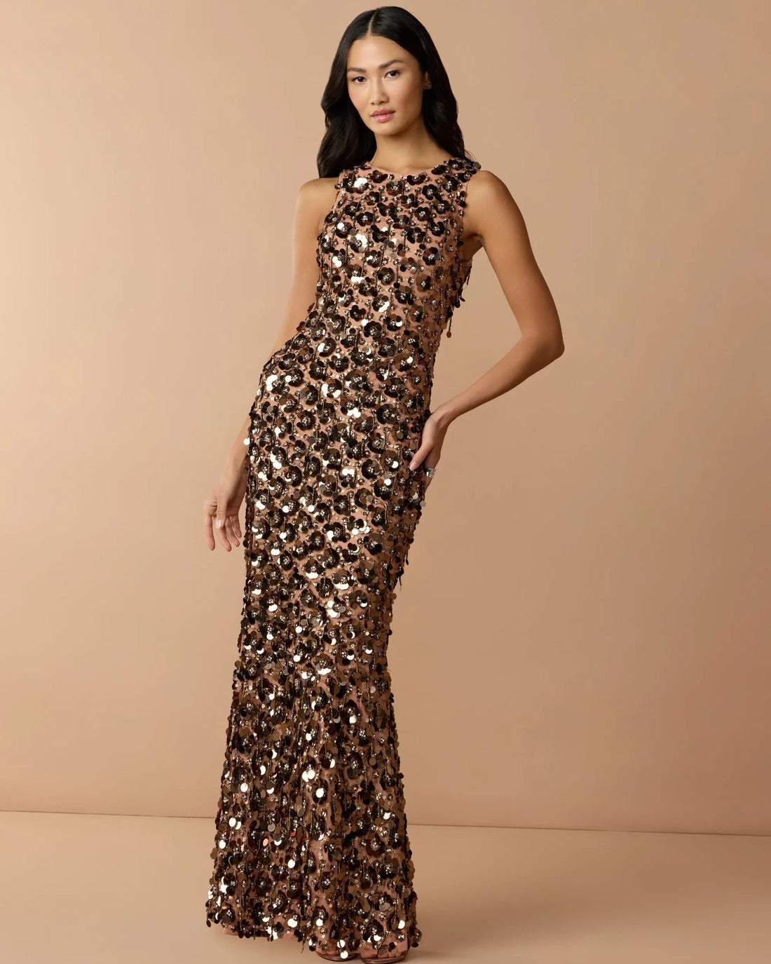 Brown Sequin Embellished Sleeveless Gown With Beaded Fringe - Mac Duggal