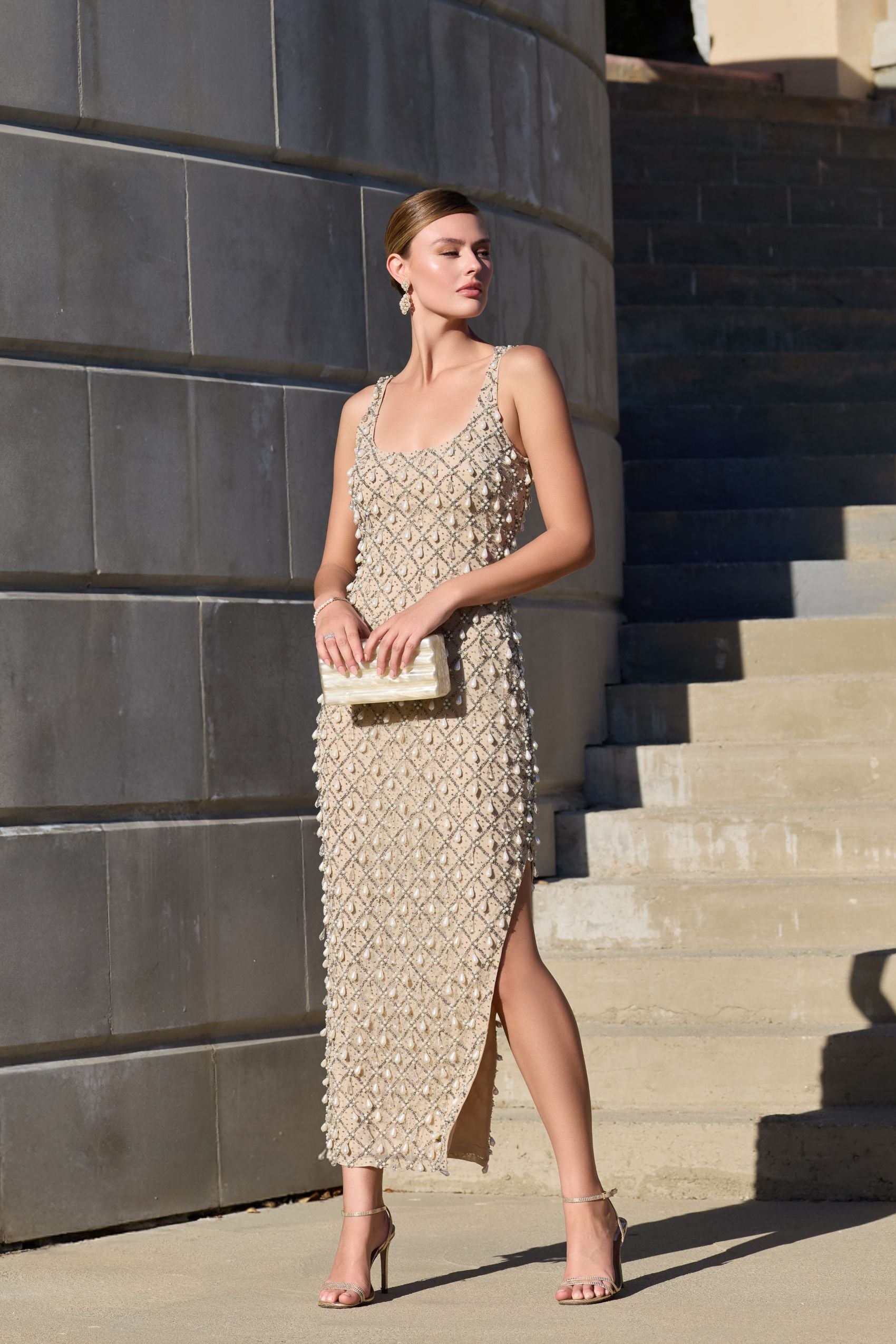 Beige Beaded Scoop Neck Midi Dress Mac Duggal