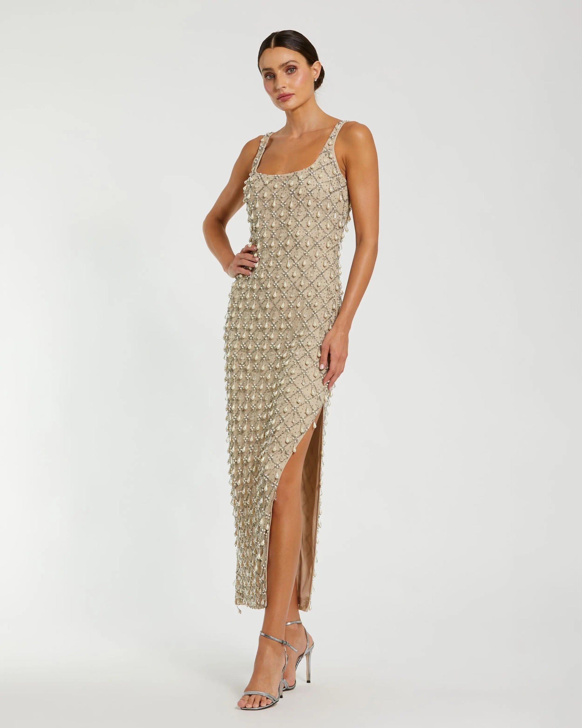 Beige Pearl Embellished Scoop Neck Midi Dress | Mac Duggal Beige Pearl Embellished Scoop Neck Midi Dress | Mac Duggal