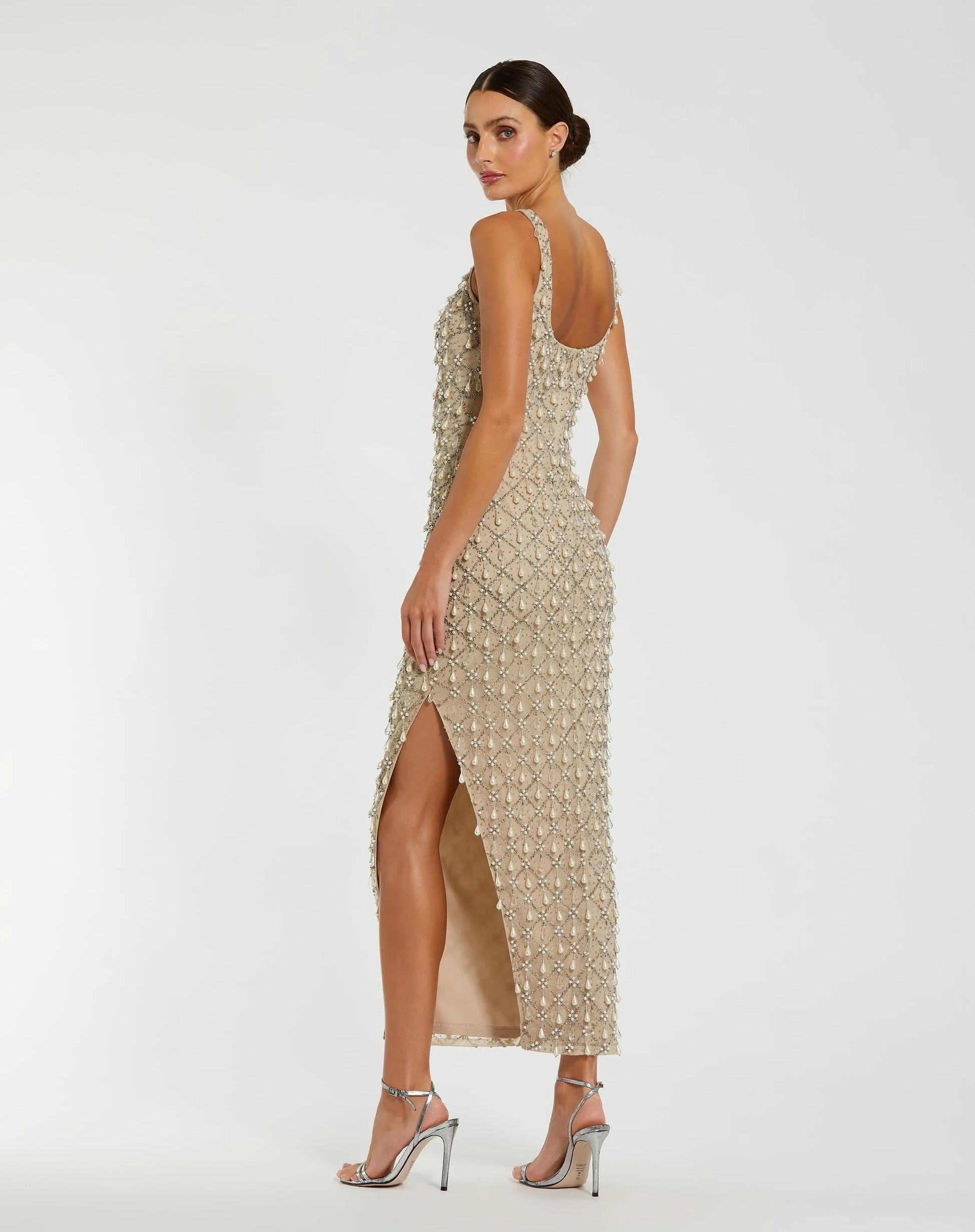 beige dress with pearls Beige Pearl Embellished Scoop Neck Midi Dress