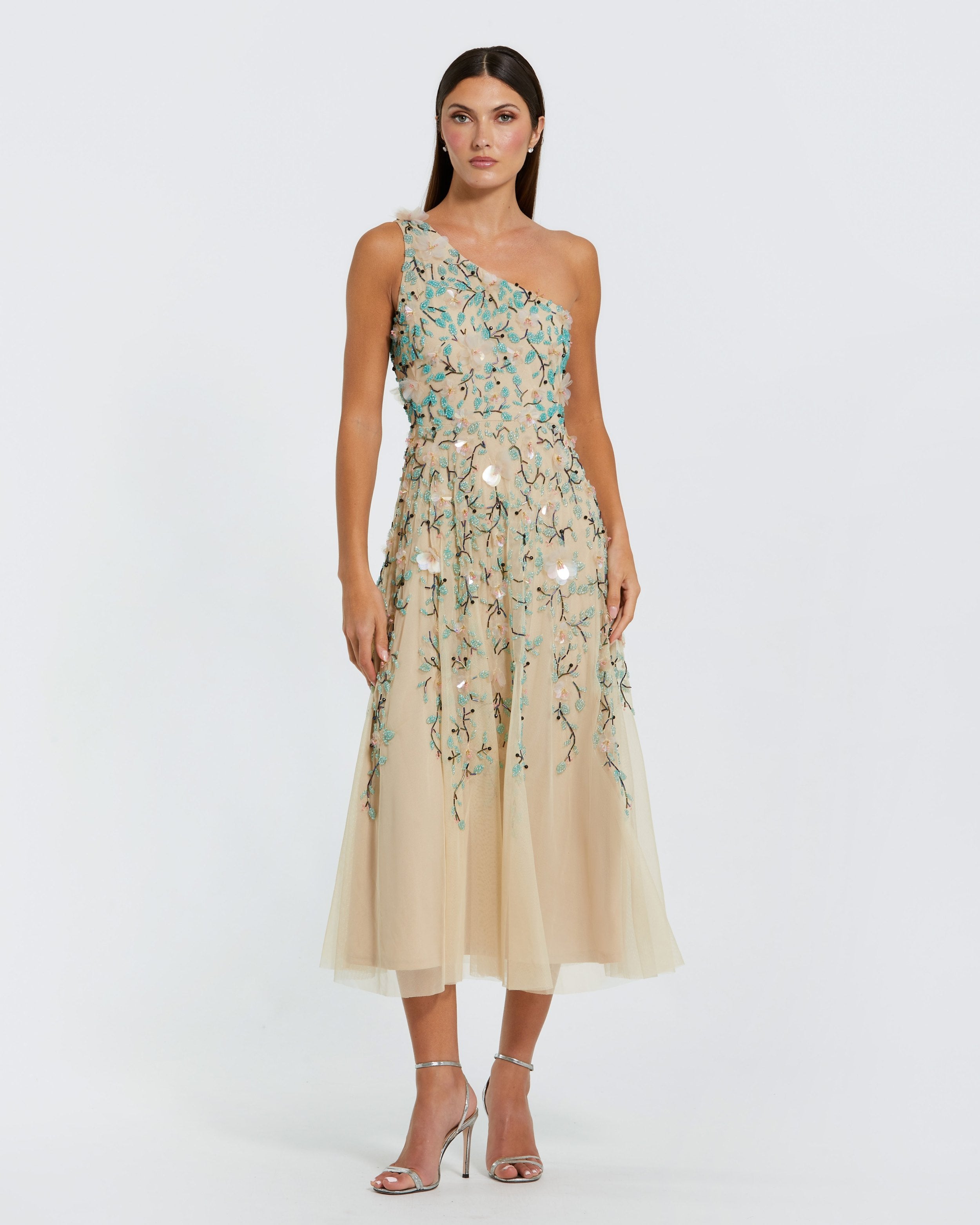 Beige Floral Embellished One Shoulder Midi Dress