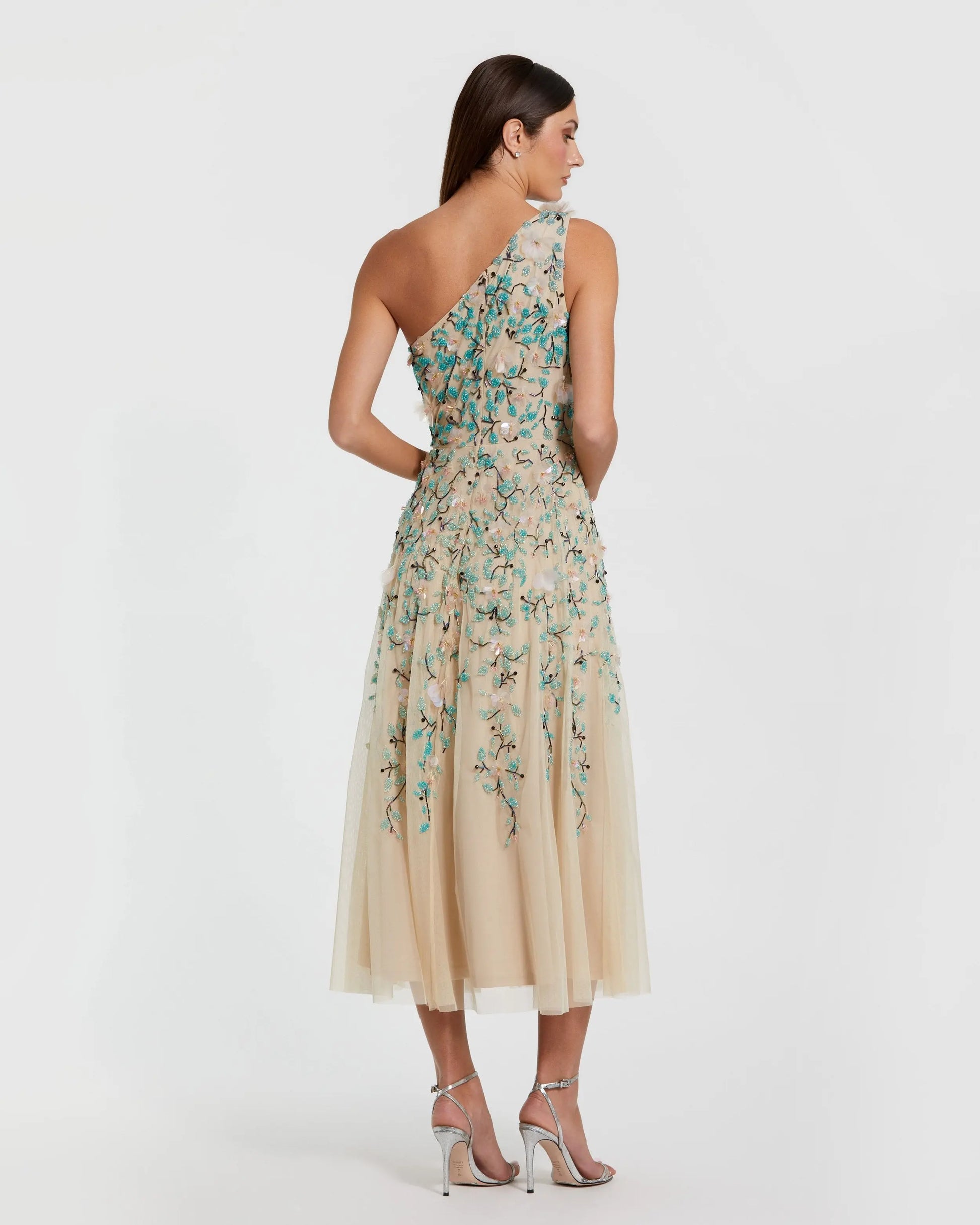 Beige Floral Embellished One Shoulder Midi Dress | Mac Duggal Beige Floral Embellished One Shoulder Midi Dress | Mac Duggal