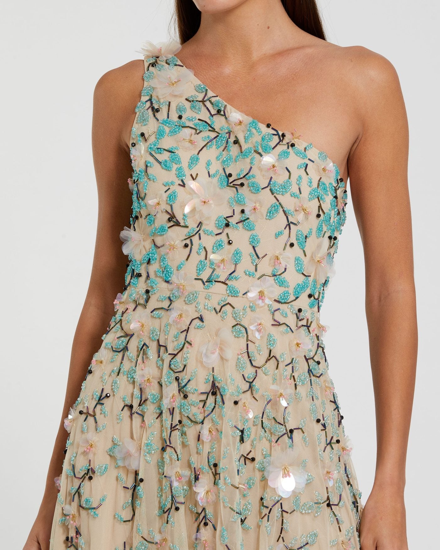 Beige Floral Embellished One Shoulder Midi Dress