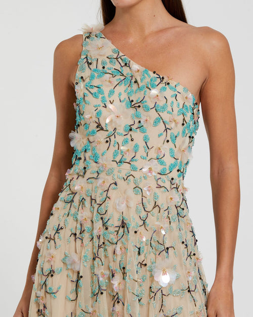 Beige Floral Embellished One Shoulder Midi Dress
