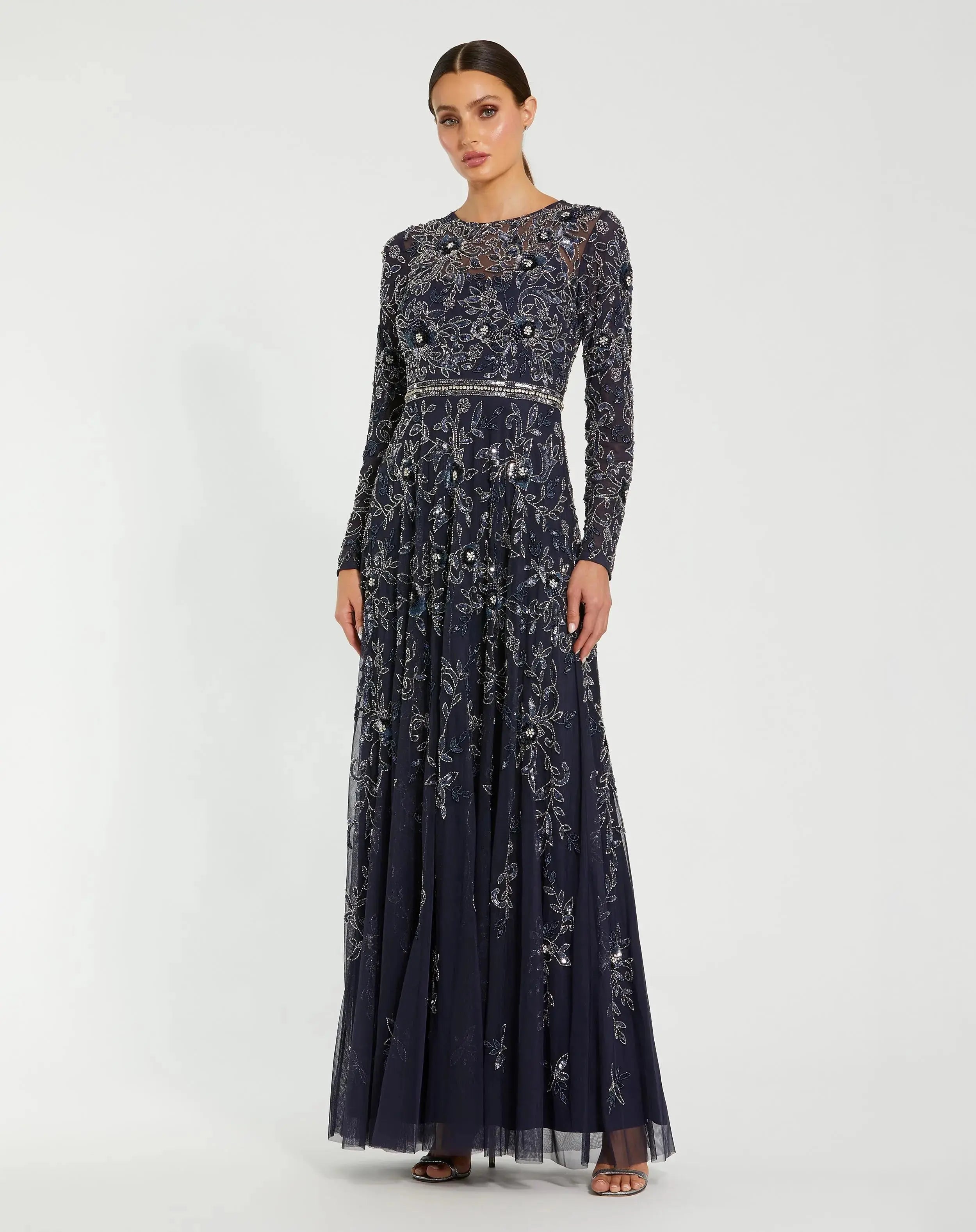 Long Sleeve Floral Embellished Mesh A Line Gown - Mac Duggal